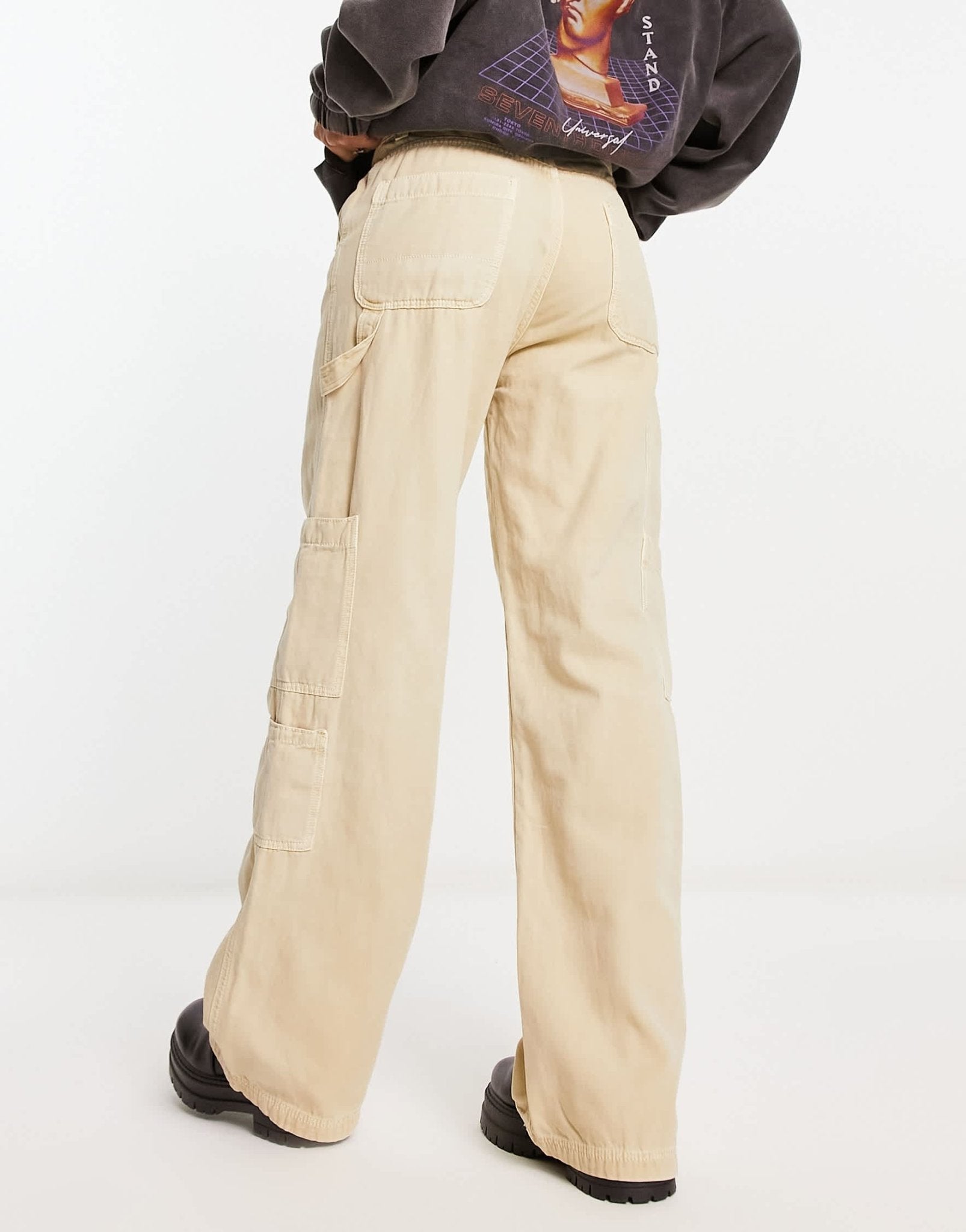 Bershka wide leg carpenter cargo trousers in sand - ASOS Sample Sale