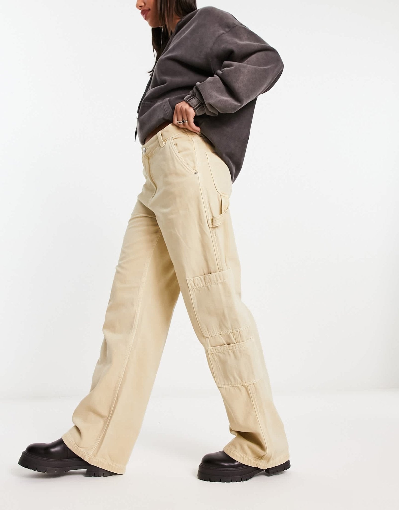Bershka wide leg carpenter cargo trousers in sand - ASOS Sample Sale