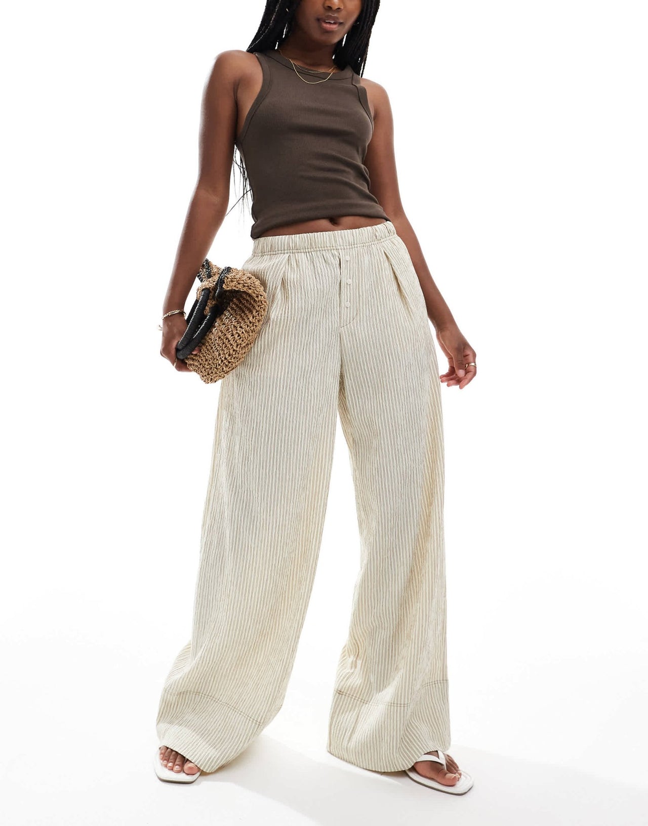 Bershka wide leg seersucker trousers in sand stripe - ASOS Sample Sale