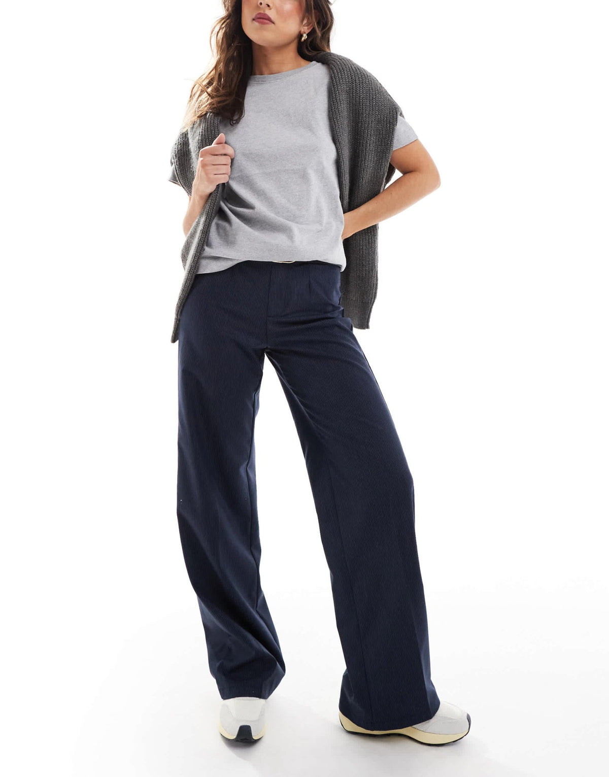 Bershka wide leg tailored trousers in navy pinstripe - ASOS Sample Sale