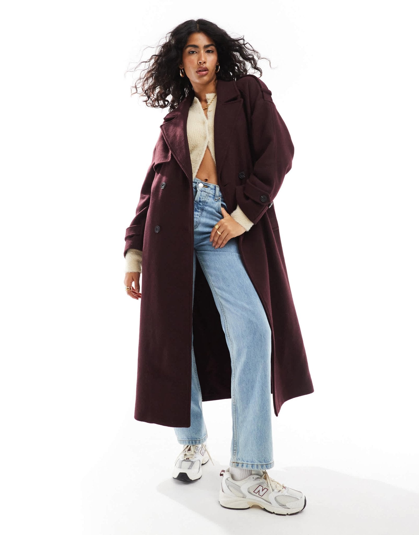 Bershka wool maxi trench coat in burgundy - ASOS Sample Sale