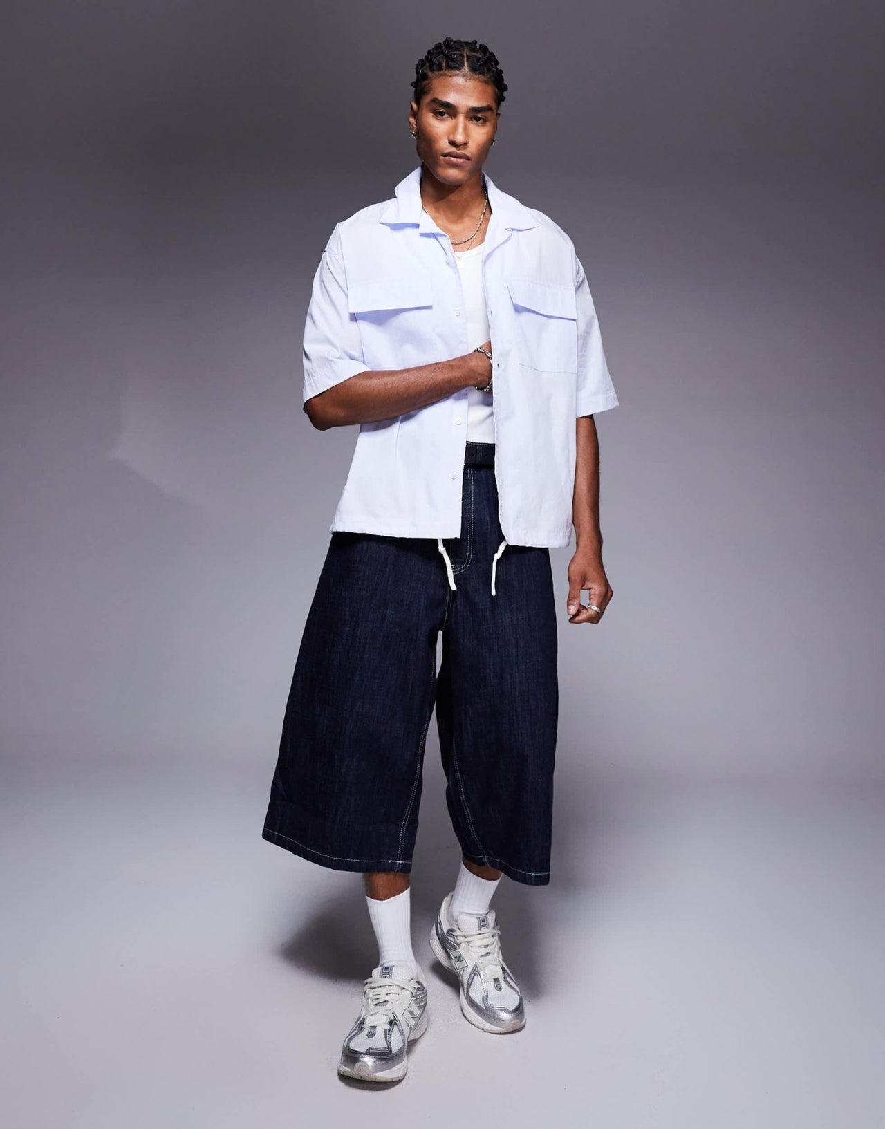 Bershka worker shirt with drawstring hem in blue - ASOS Sample Sale