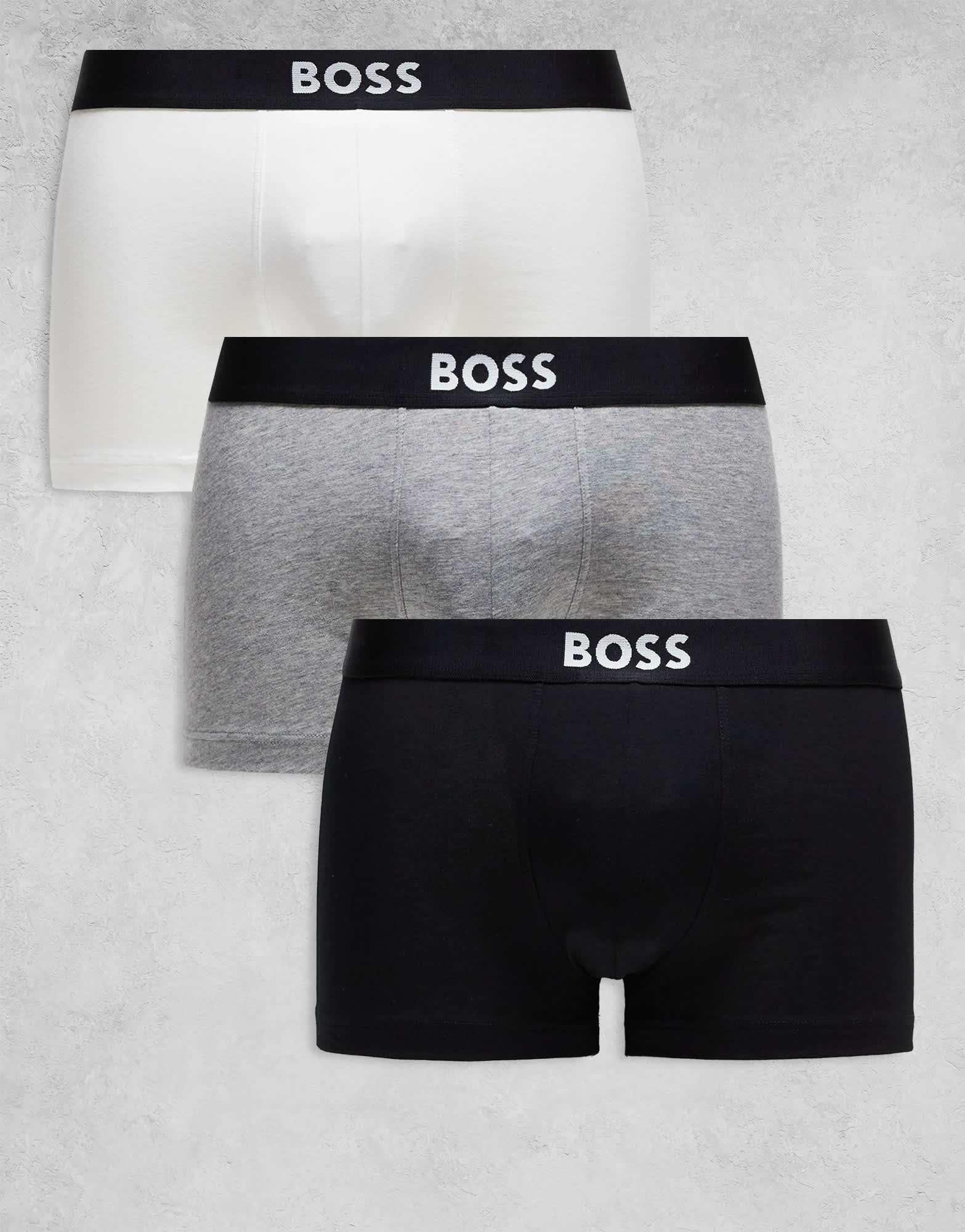 Boss Bodywear 3-pack front icon logo trunks in black, white and grey ...
