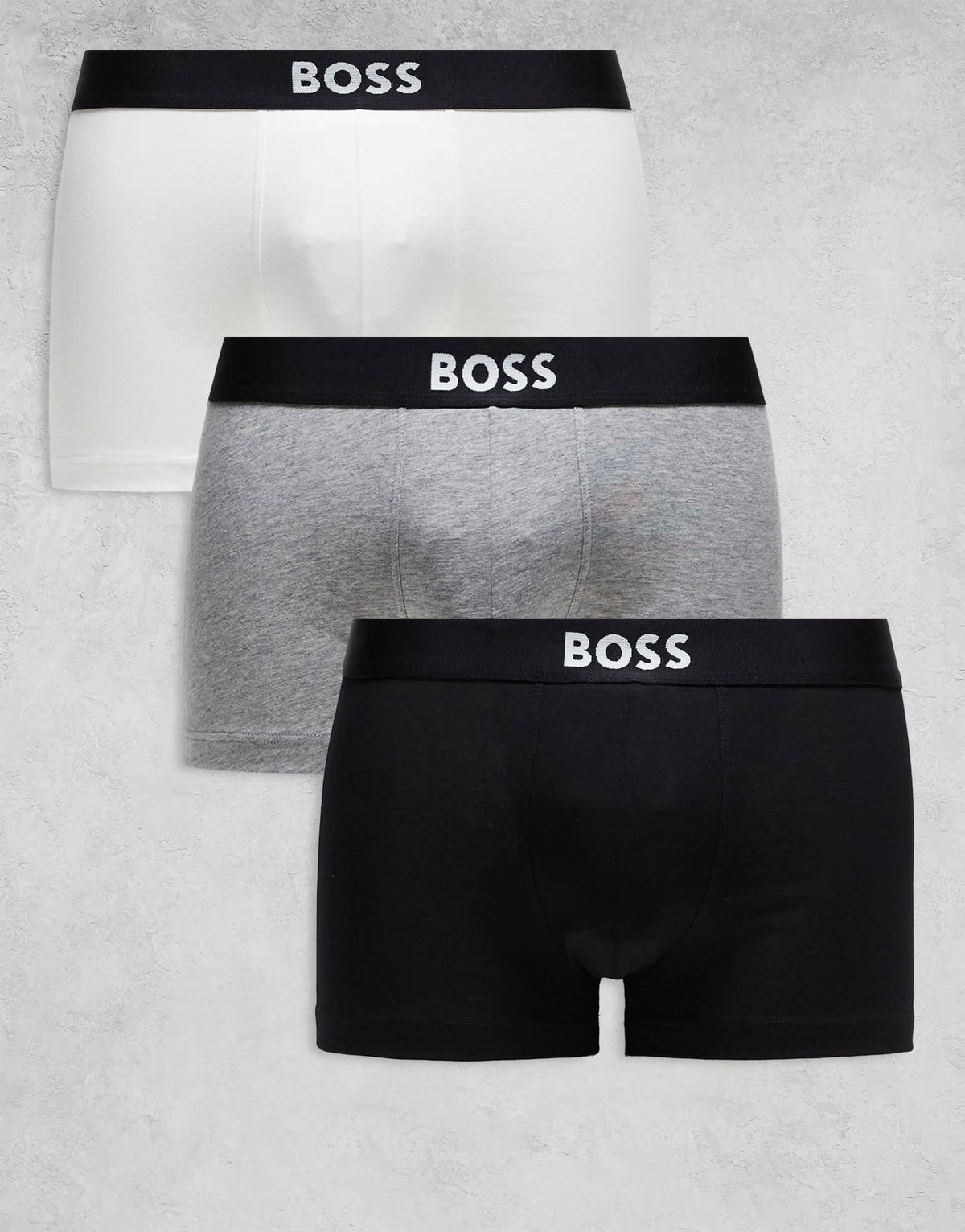 Boss Bodywear 3-pack front icon logo trunks in black, white and grey - ASOS Sample Sale