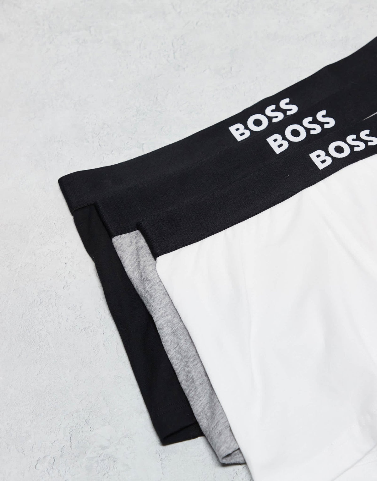 Boss Bodywear 3-pack front icon logo trunks in black, white and grey - ASOS Sample Sale