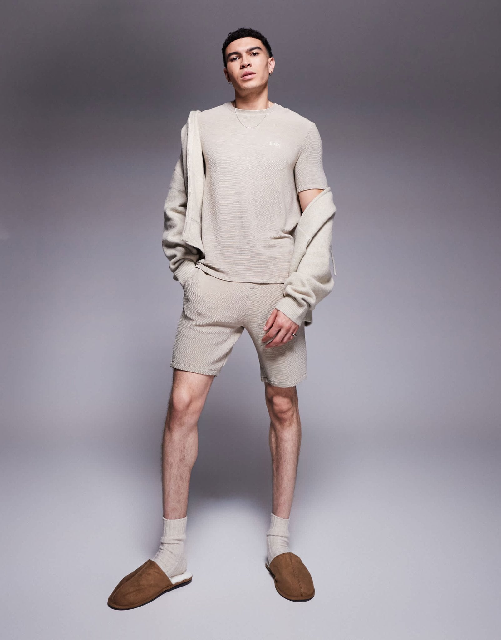 BOSS Bodywear Rib logo shorts in light beige co-ord - ASOS Sample Sale