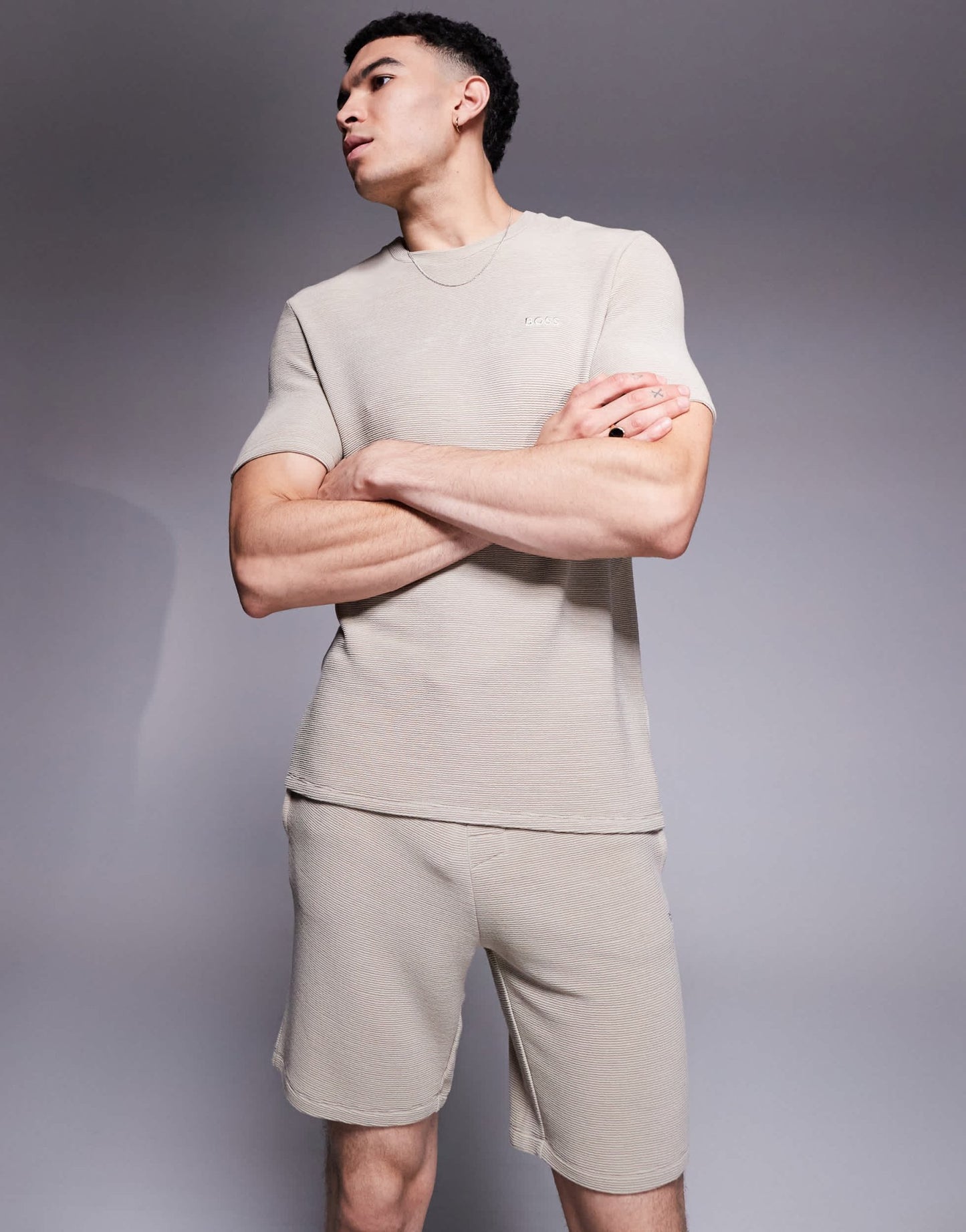 BOSS Bodywear Rib logo shorts in light beige co-ord - ASOS Sample Sale