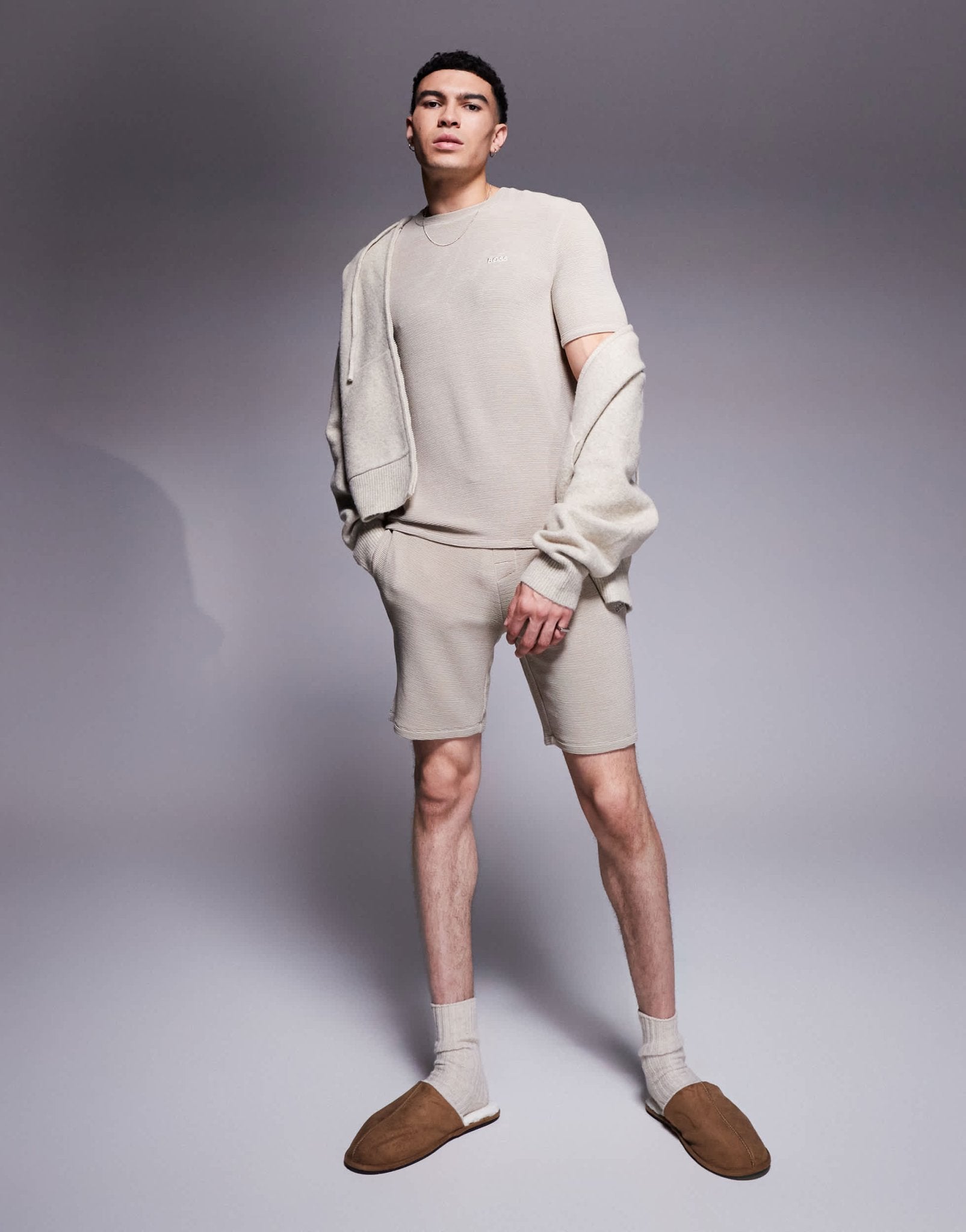 BOSS Bodywear Rib logo t-shirt regular fit in light beige CO-ORD - ASOS Sample Sale