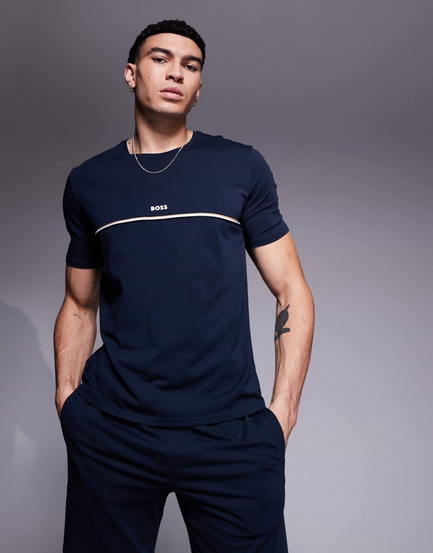 BOSS Bodywear Unique stripe logo t-shirt regular fit in navy - ASOS Sample Sale