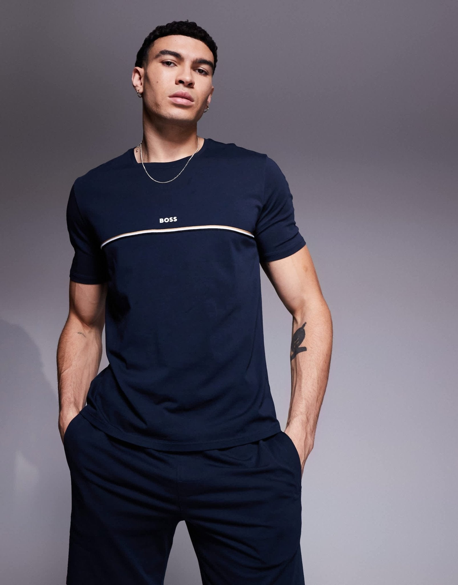 BOSS Bodywear Unique stripe logo t-shirt regular fit in navy - ASOS Sample Sale