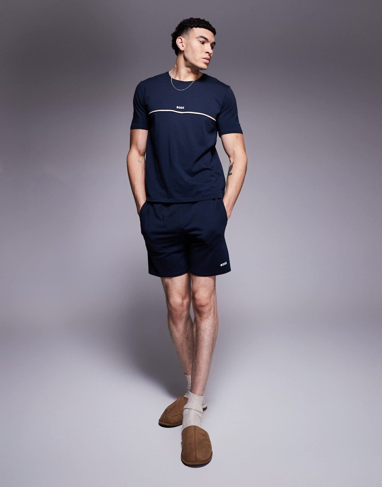 BOSS Bodywear Unique stripe logo t-shirt regular fit in navy - ASOS Sample Sale