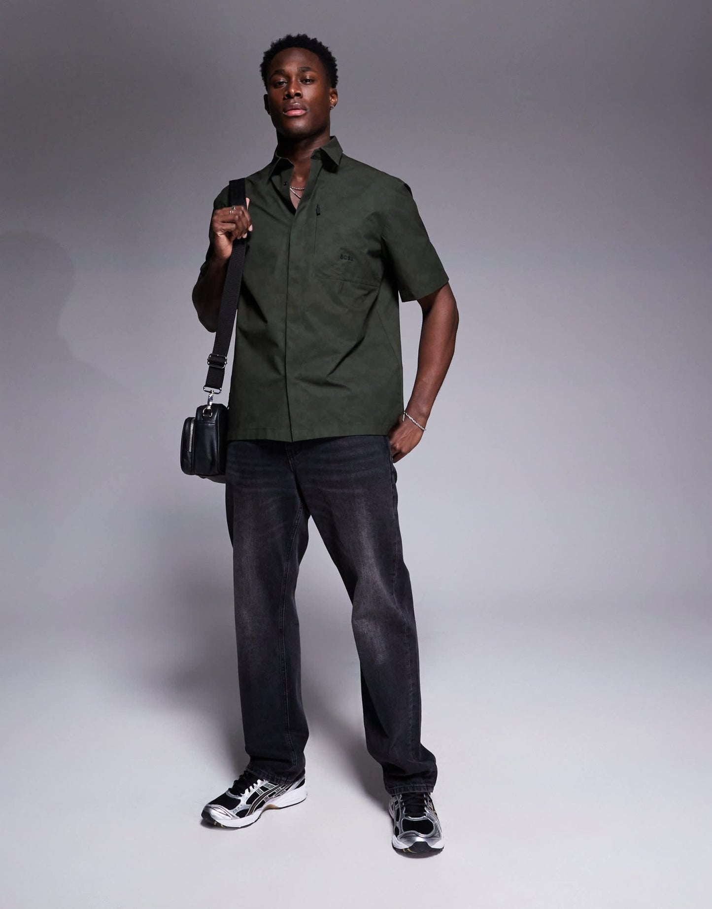 BOSS Green Bechno all over print tech short sleeve shirt relaxed fit in dark green - ASOS Sample Sale