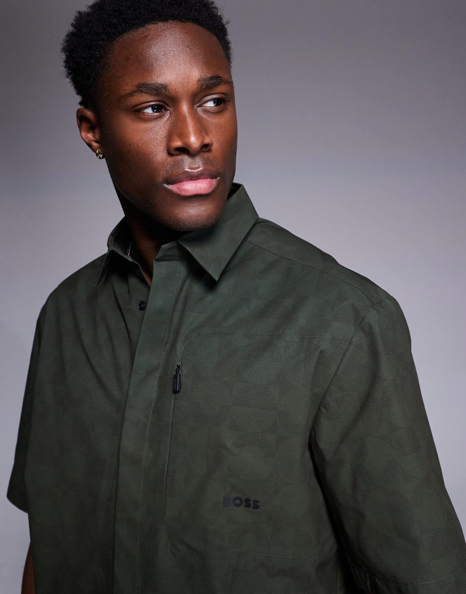 BOSS Green Bechno all over print tech short sleeve shirt relaxed fit in dark green - ASOS Sample Sale
