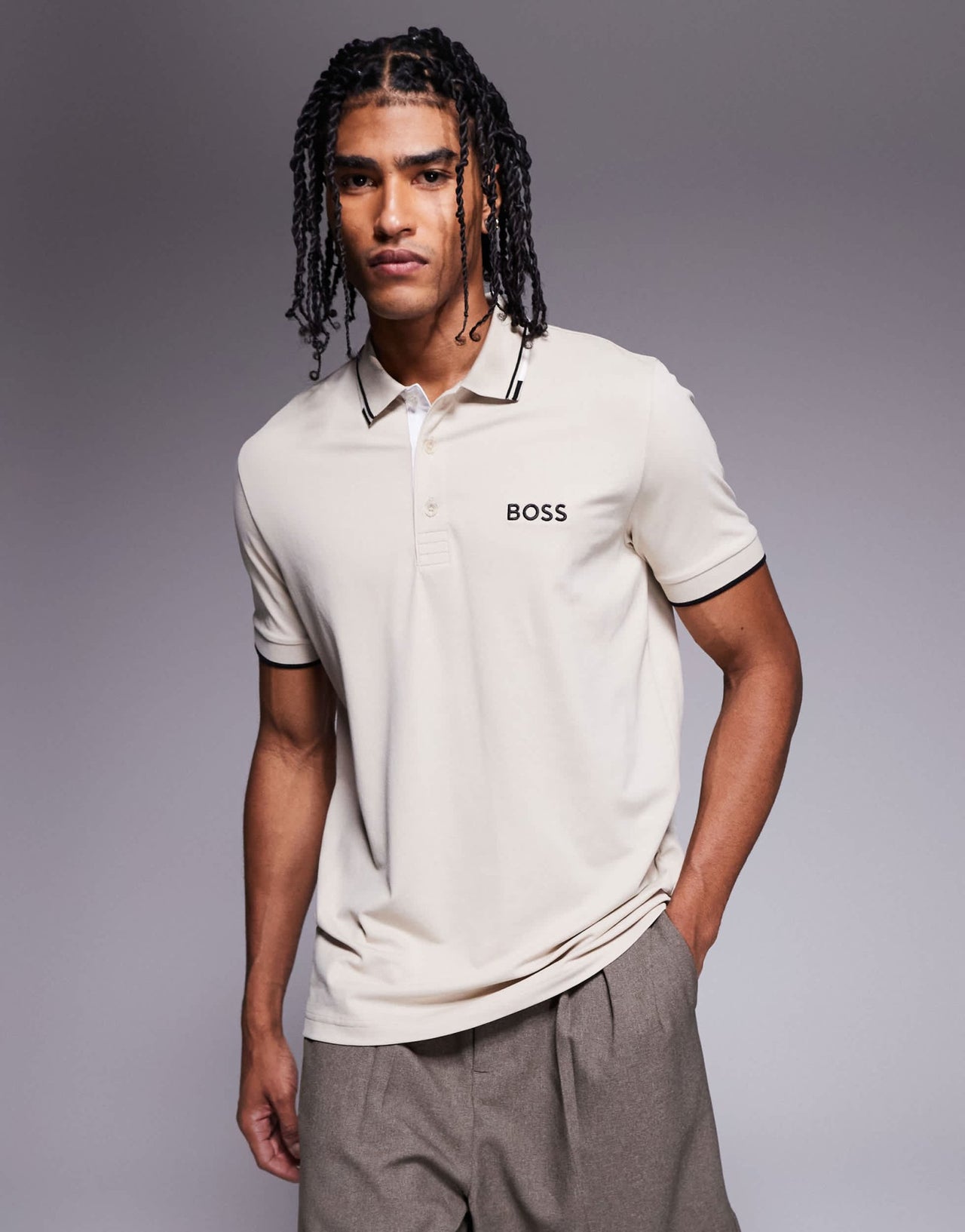 BOSS Green Paddy Pro logo icon stripe tipping jersey polo in beige - ASOS Sample Sale