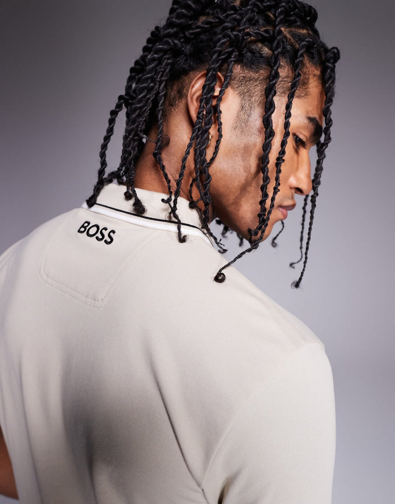 BOSS Green Paddy Pro logo icon stripe tipping jersey polo in beige - ASOS Sample Sale