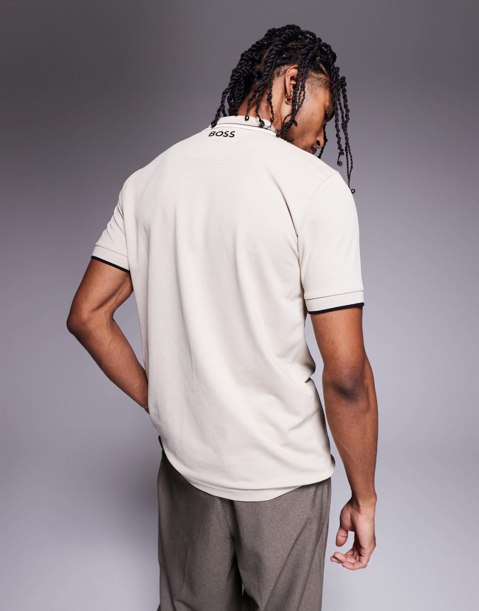 BOSS Green Paddy Pro logo icon stripe tipping jersey polo in beige - ASOS Sample Sale