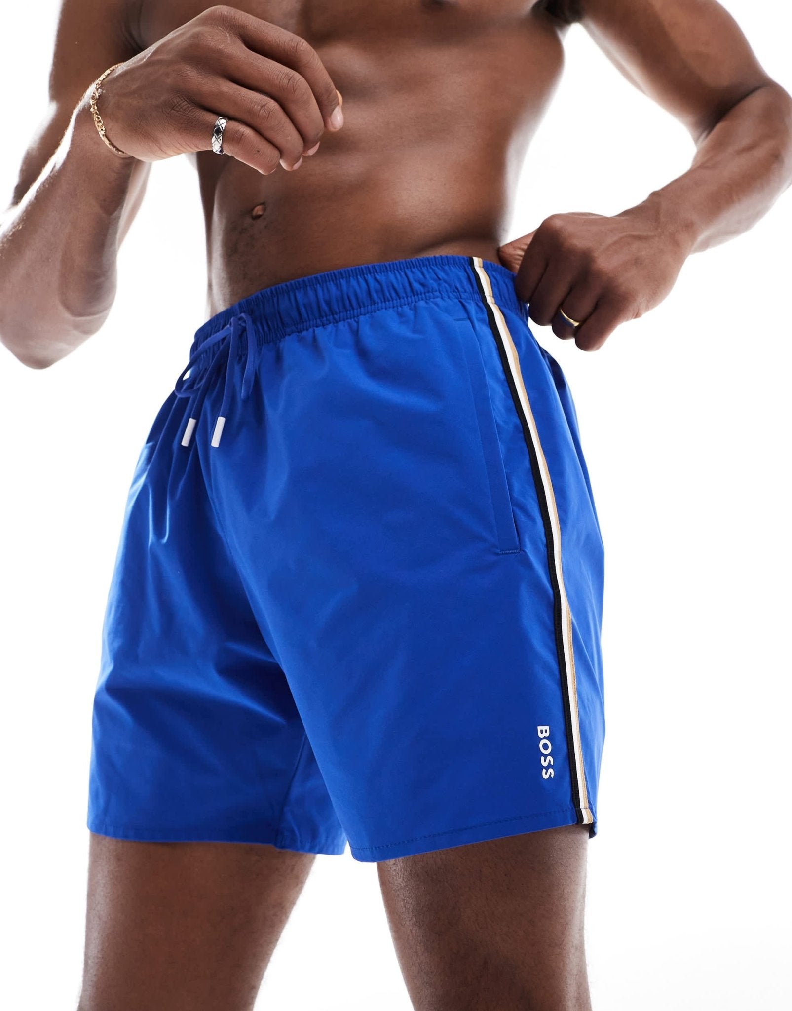 Boss Iconic logo swim short in blue with side stripe - ASOS Sample Sale