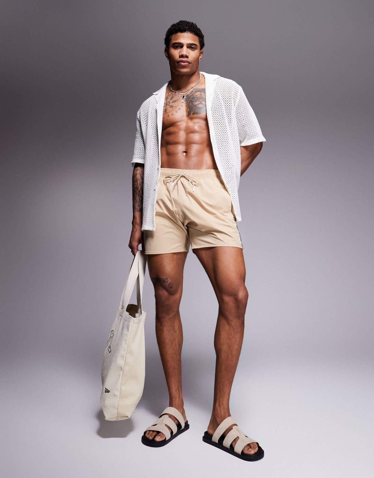 BOSS Iconic side stripe logo swim shorts in light beige - ASOS Sample Sale