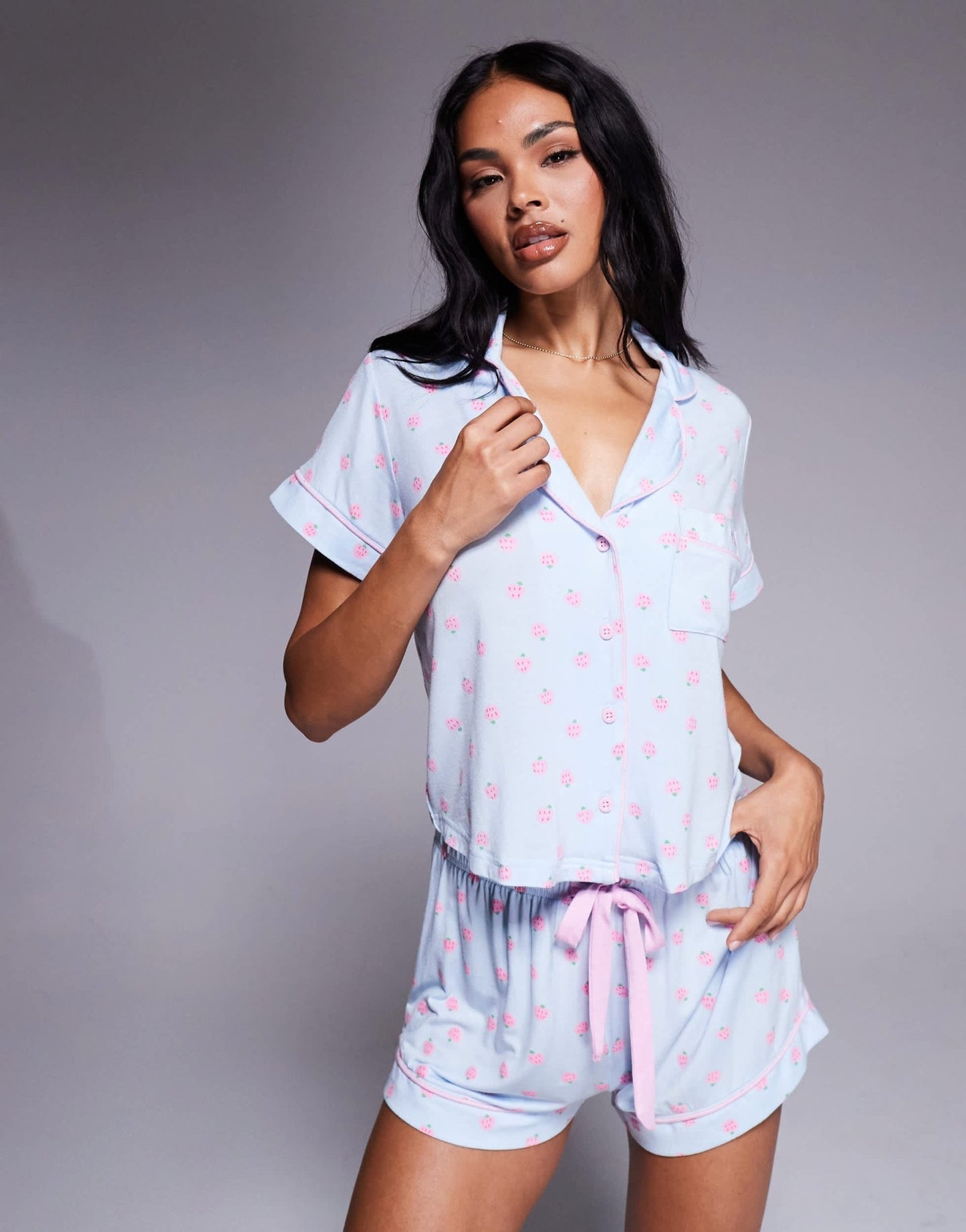 Boux Avenue strawberry modal short sleeve revere and short set in blue - ASOS Sample Sale