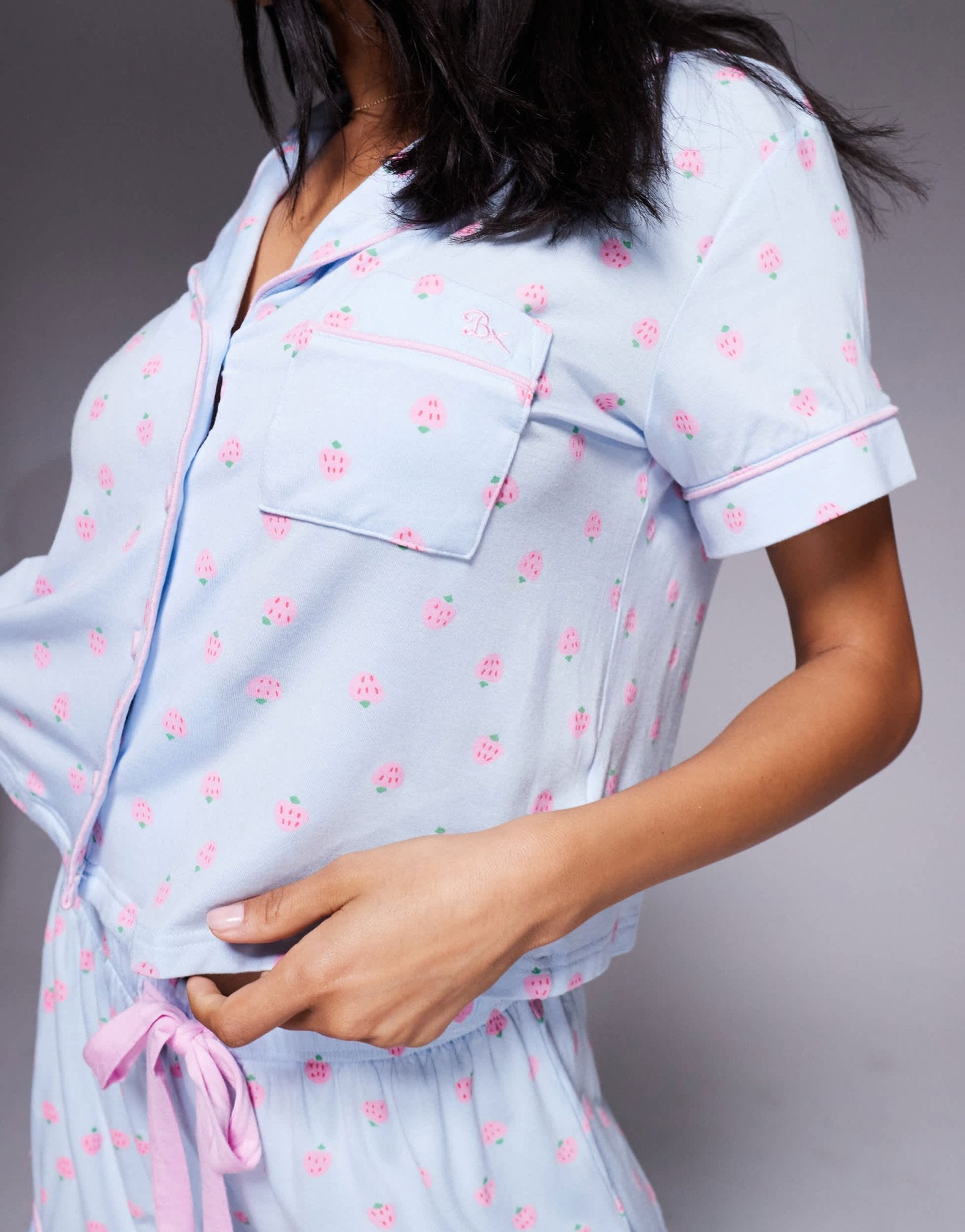 Boux Avenue strawberry modal short sleeve revere and short set in blue - ASOS Sample Sale