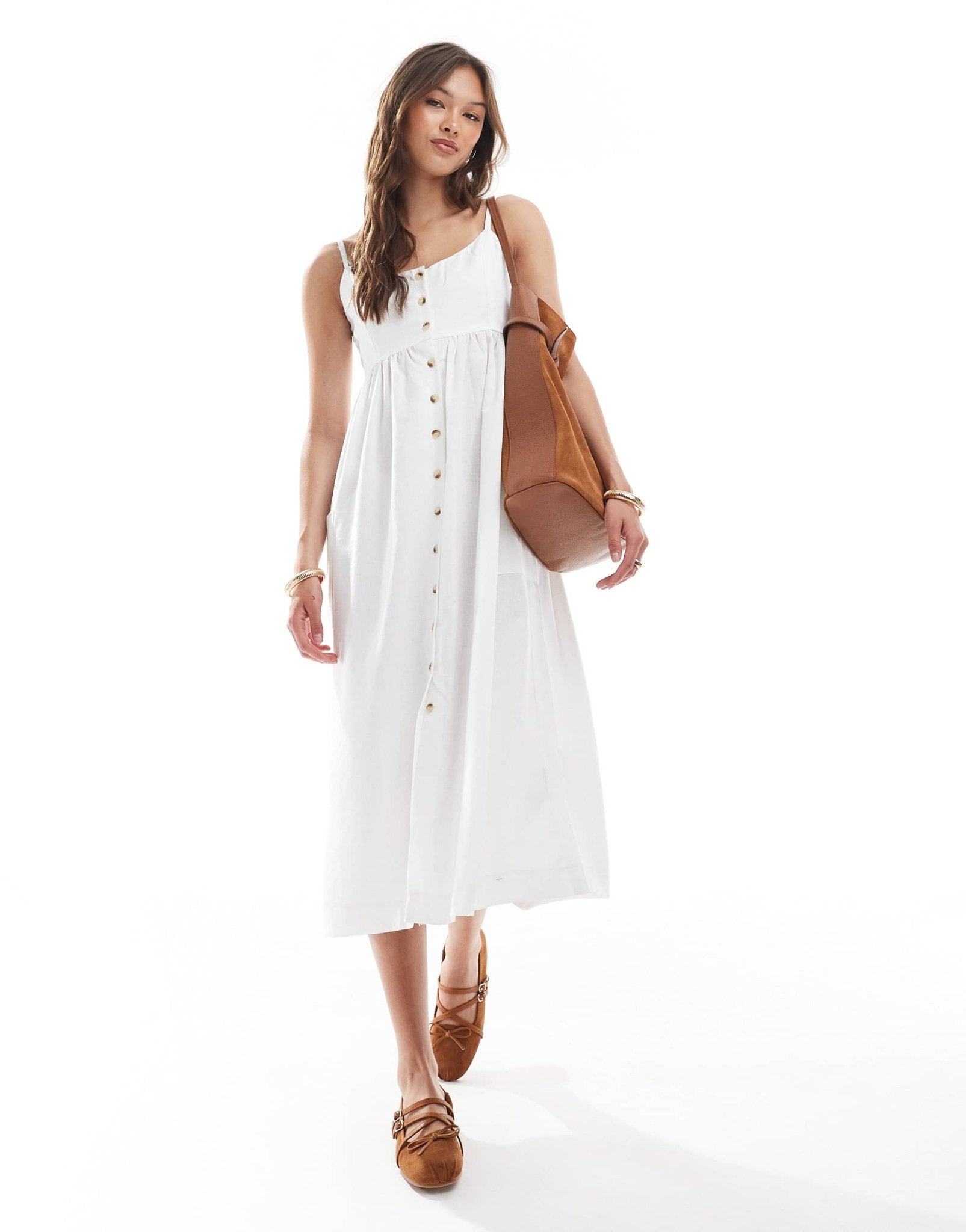 Brave Soul button down strappy midi dress in cream - ASOS Sample Sale