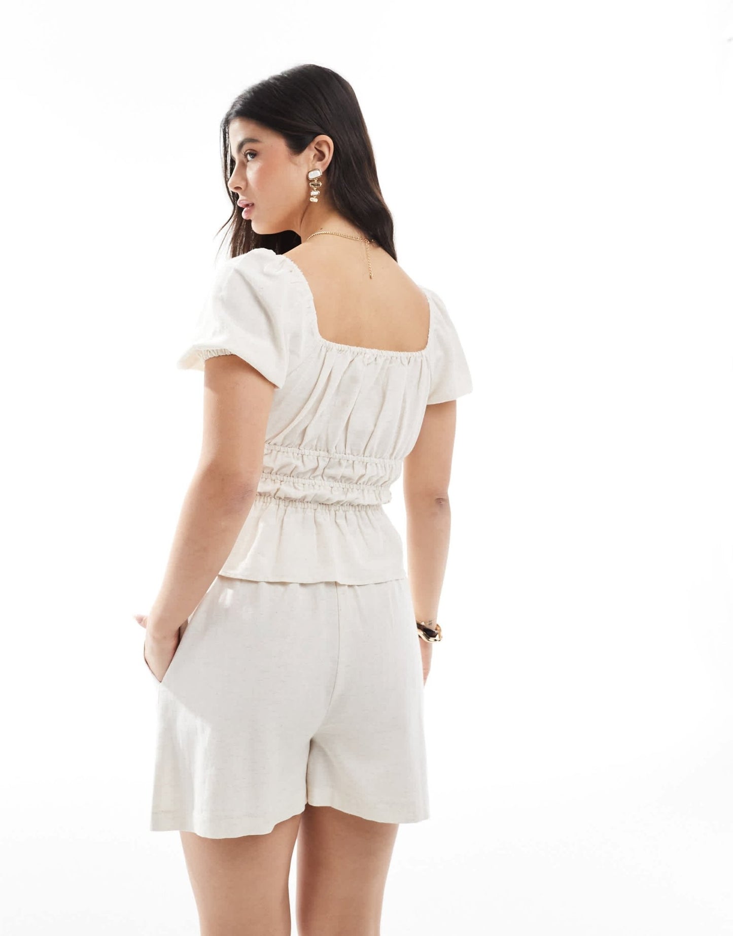 Brave Soul Co-ord elasticated waist shorts with linen in off white - ASOS Sample Sale