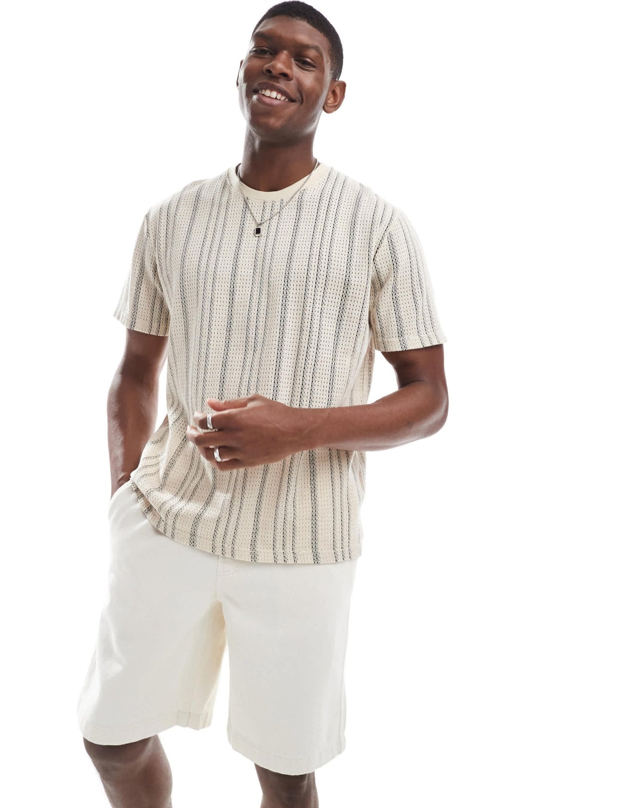 Brave Soul crew neck textured t-shirt in ecru & black stripe - ASOS Sample Sale