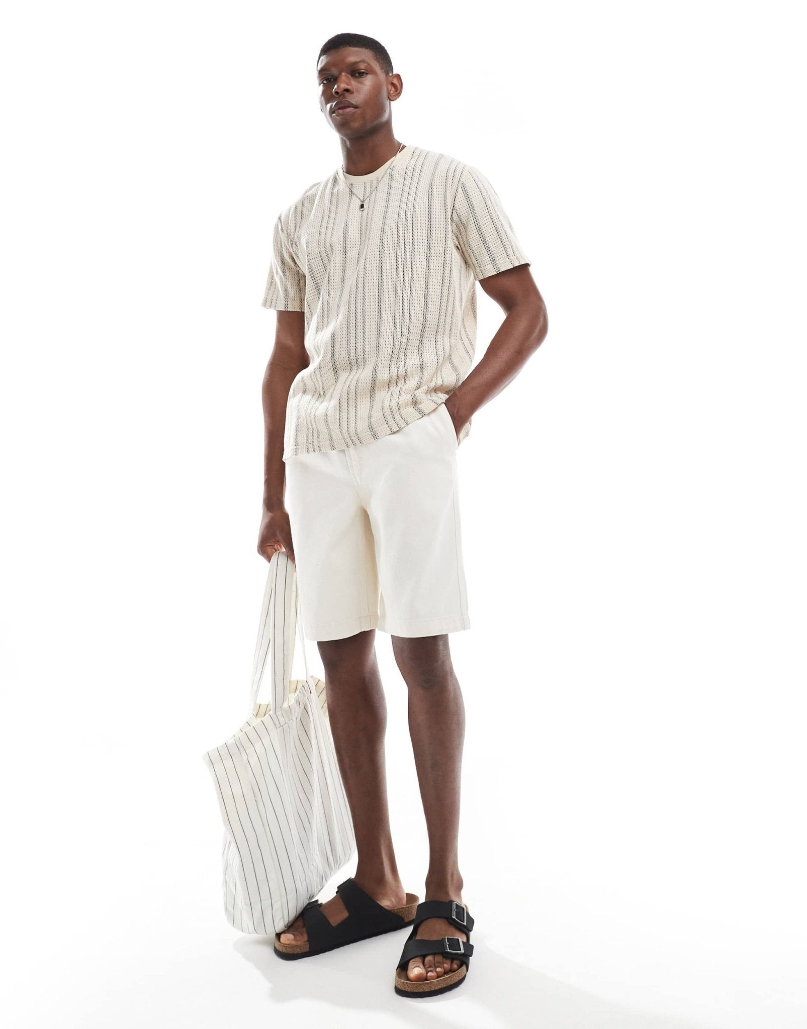 Brave Soul crew neck textured t-shirt in ecru & black stripe - ASOS Sample Sale