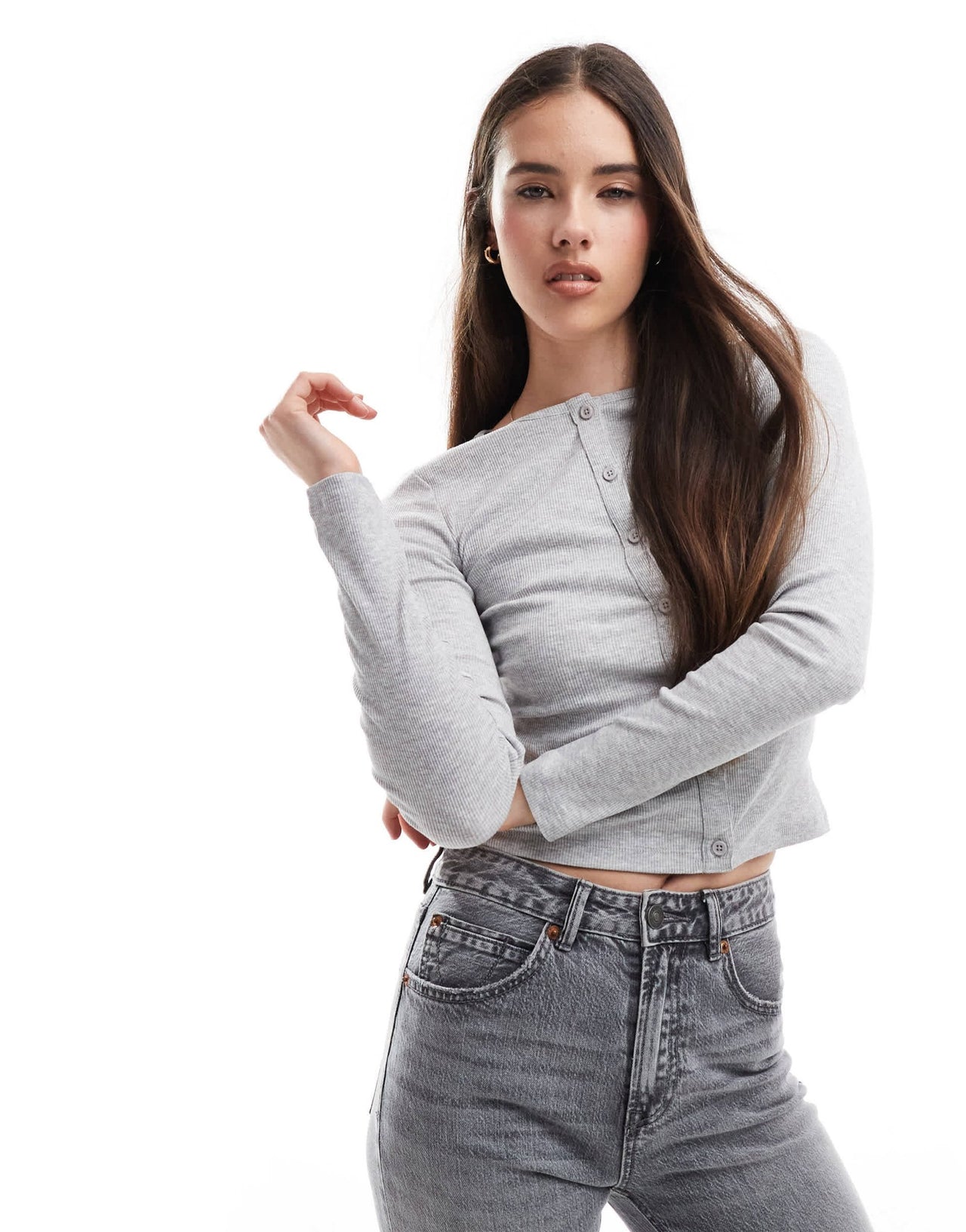 Brave Soul fitted button down long sleeve top in grey - ASOS Sample Sale