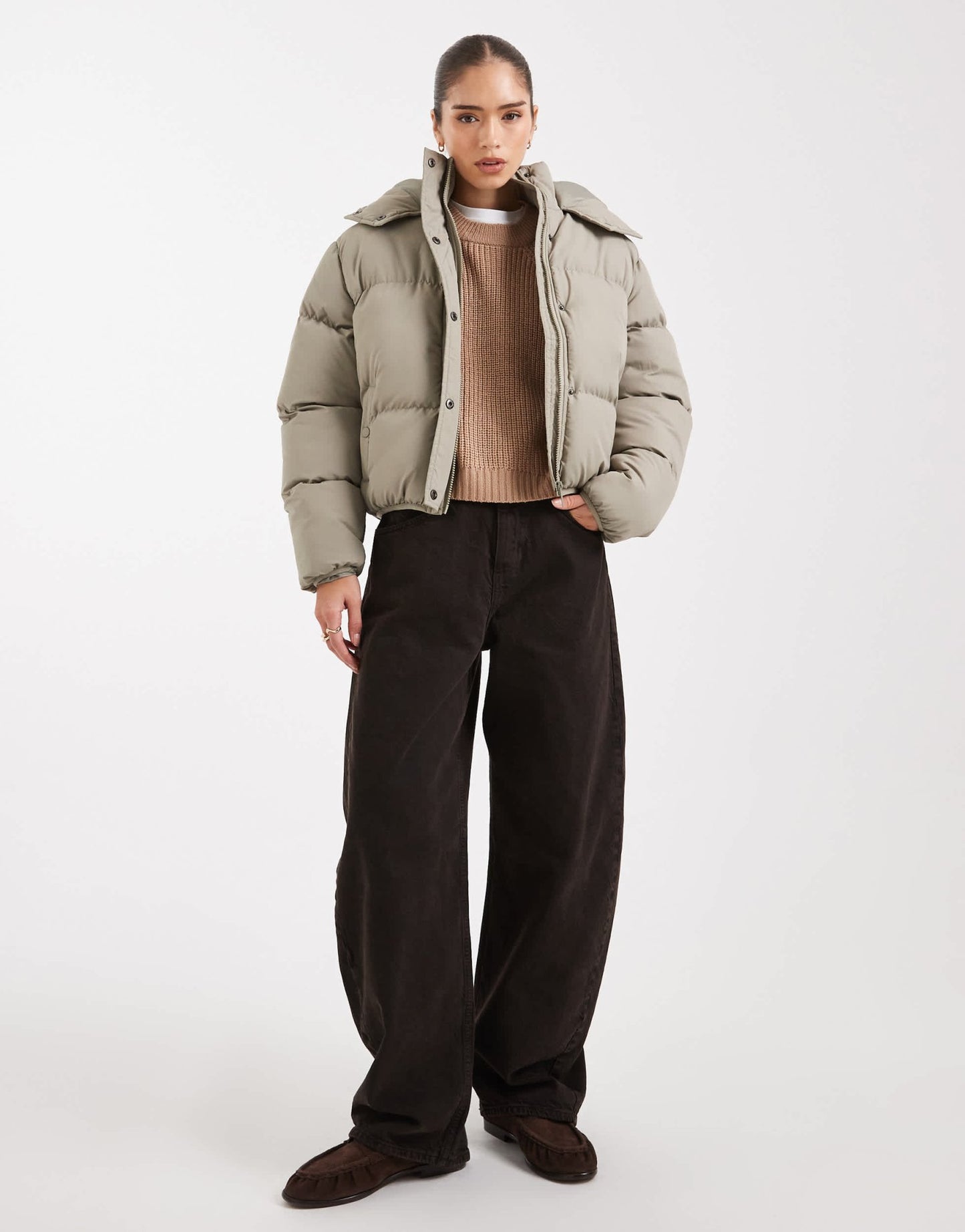 Brave Soul hooded cropped puffer jacket in sage green - ASOS Sample Sale