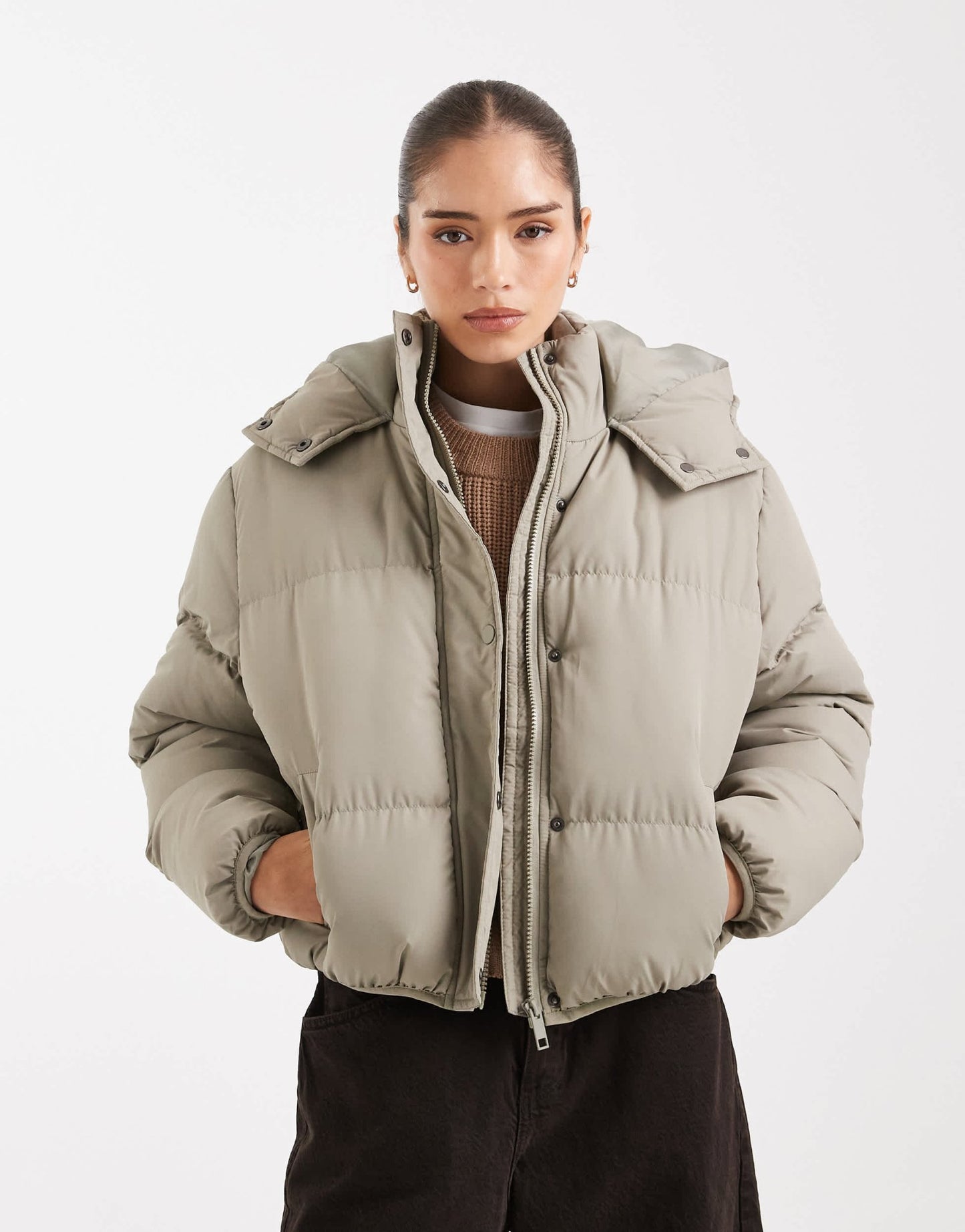 Brave Soul hooded cropped puffer jacket in sage green - ASOS Sample Sale