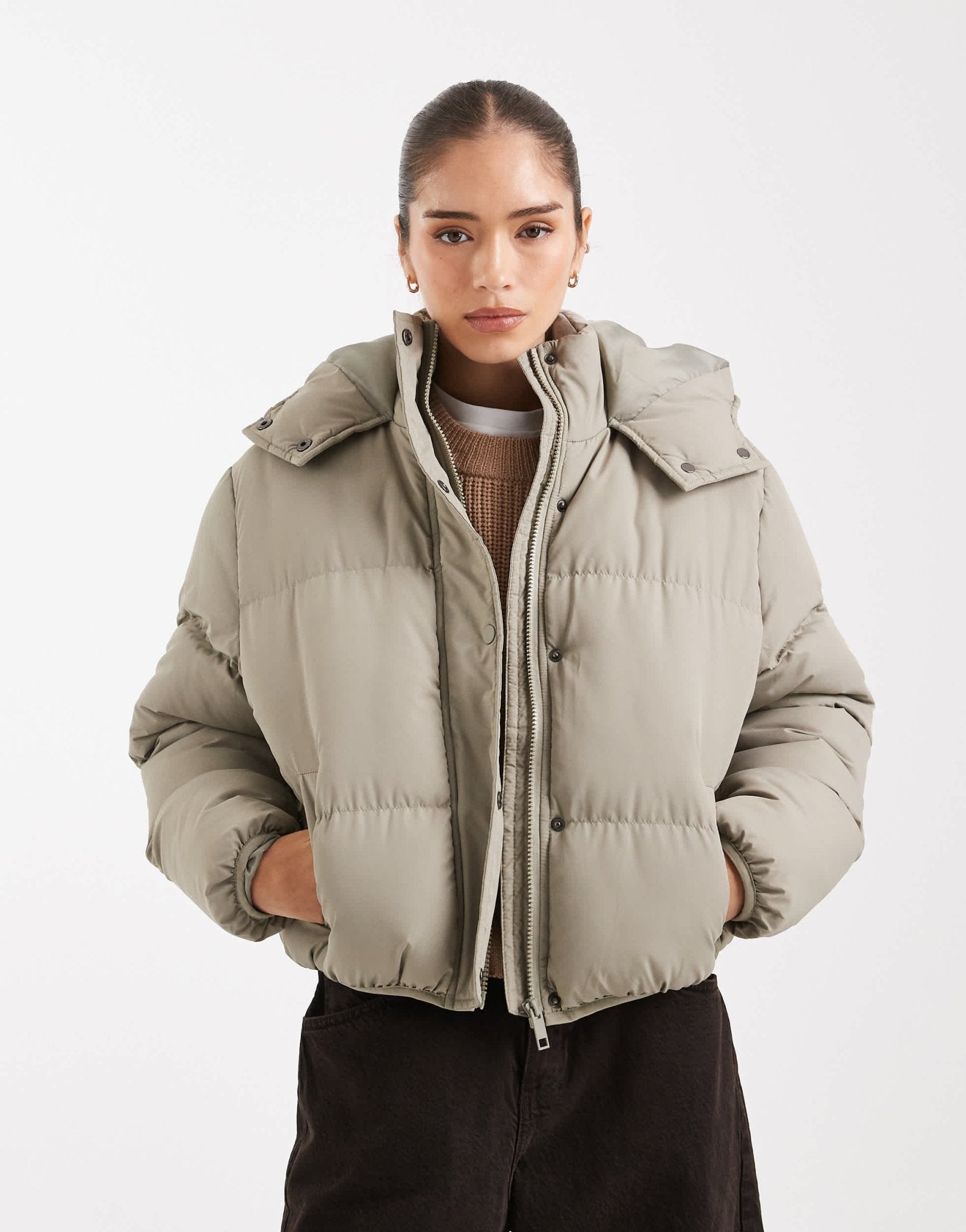 Brave Soul hooded cropped puffer jacket in sage green - ASOS Sample Sale