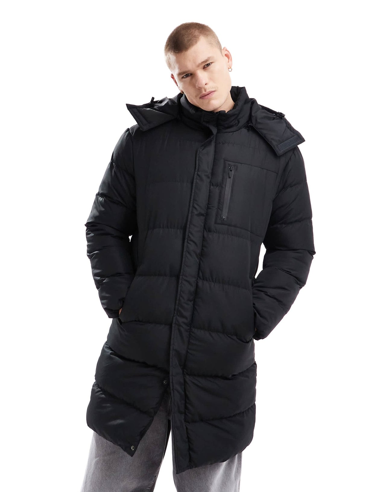 Brave Soul longline puffer jacket with detachable hood in black - ASOS Sample Sale