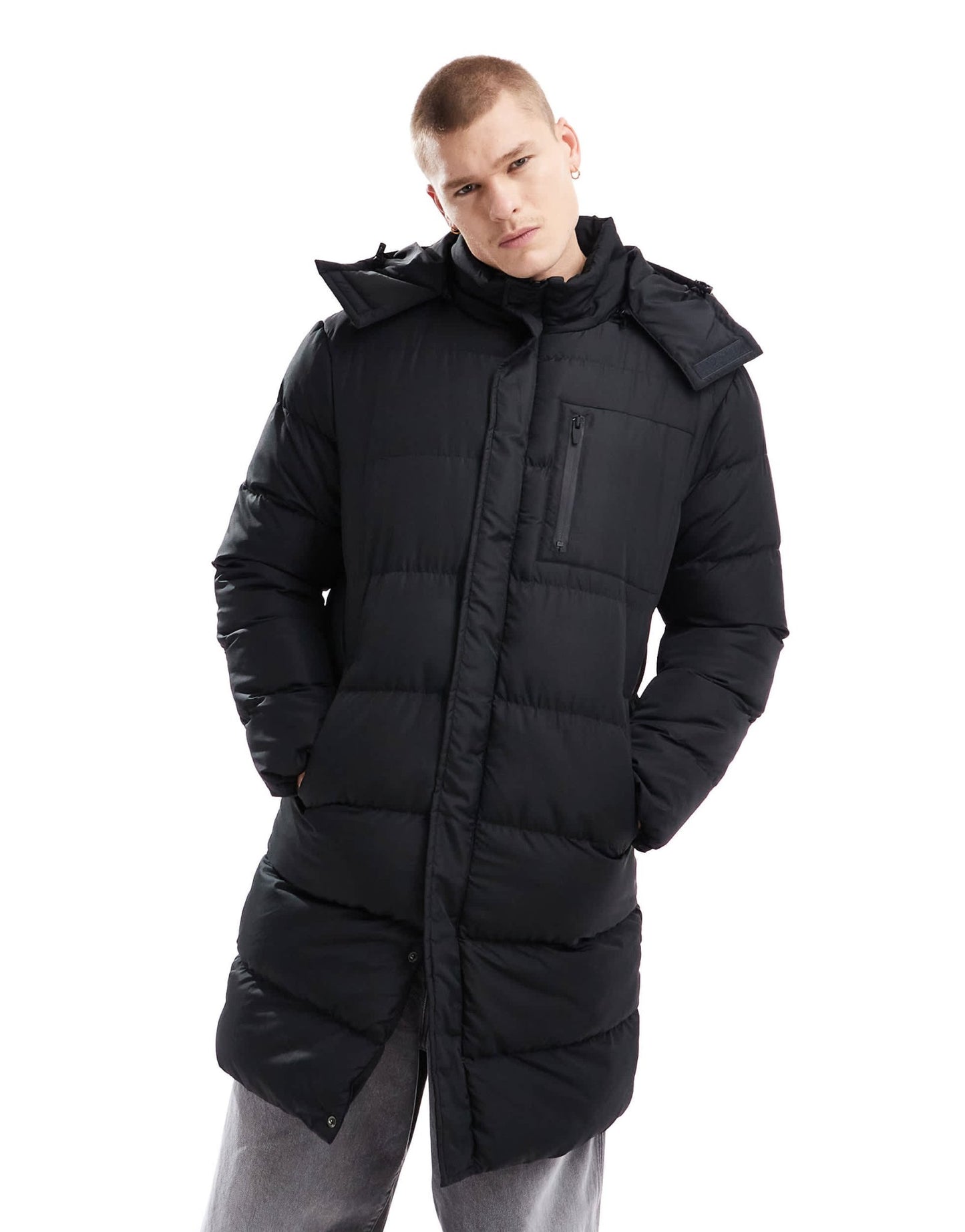 Brave Soul longline puffer jacket with detachable hood in black - ASOS Sample Sale