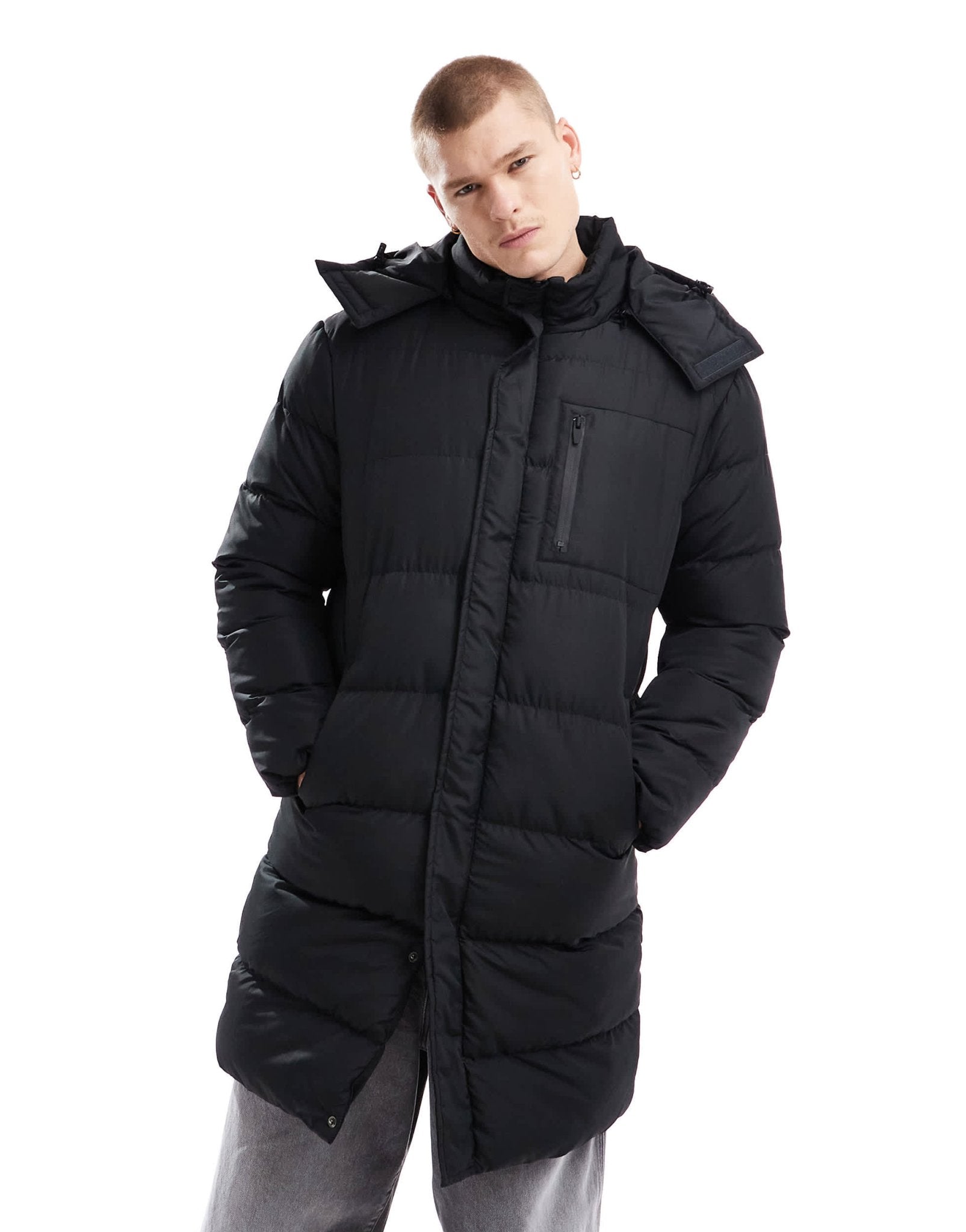 Brave Soul longline puffer jacket with detachable hood in black - ASOS Sample Sale