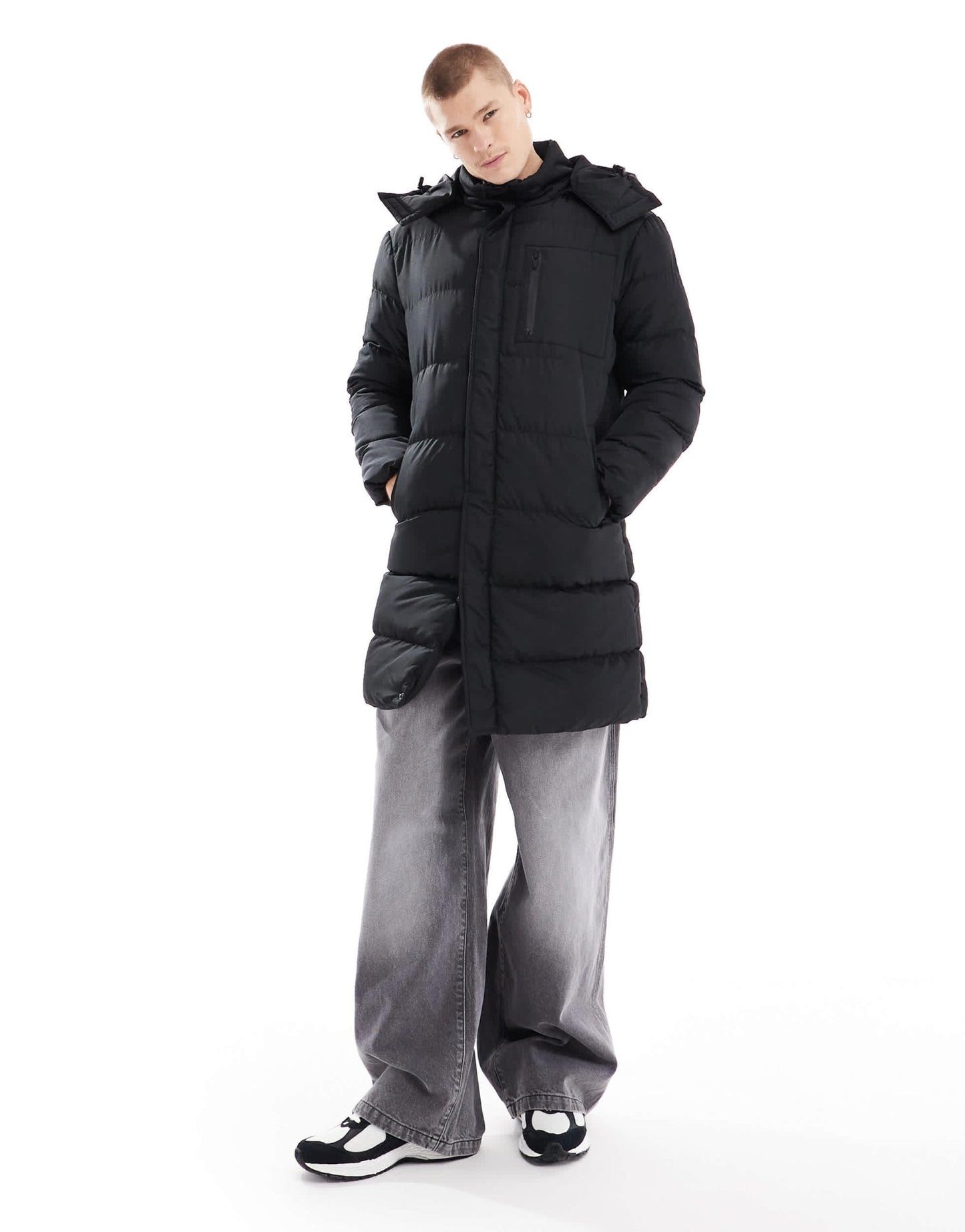 Brave Soul longline puffer jacket with detachable hood in black - ASOS Sample Sale