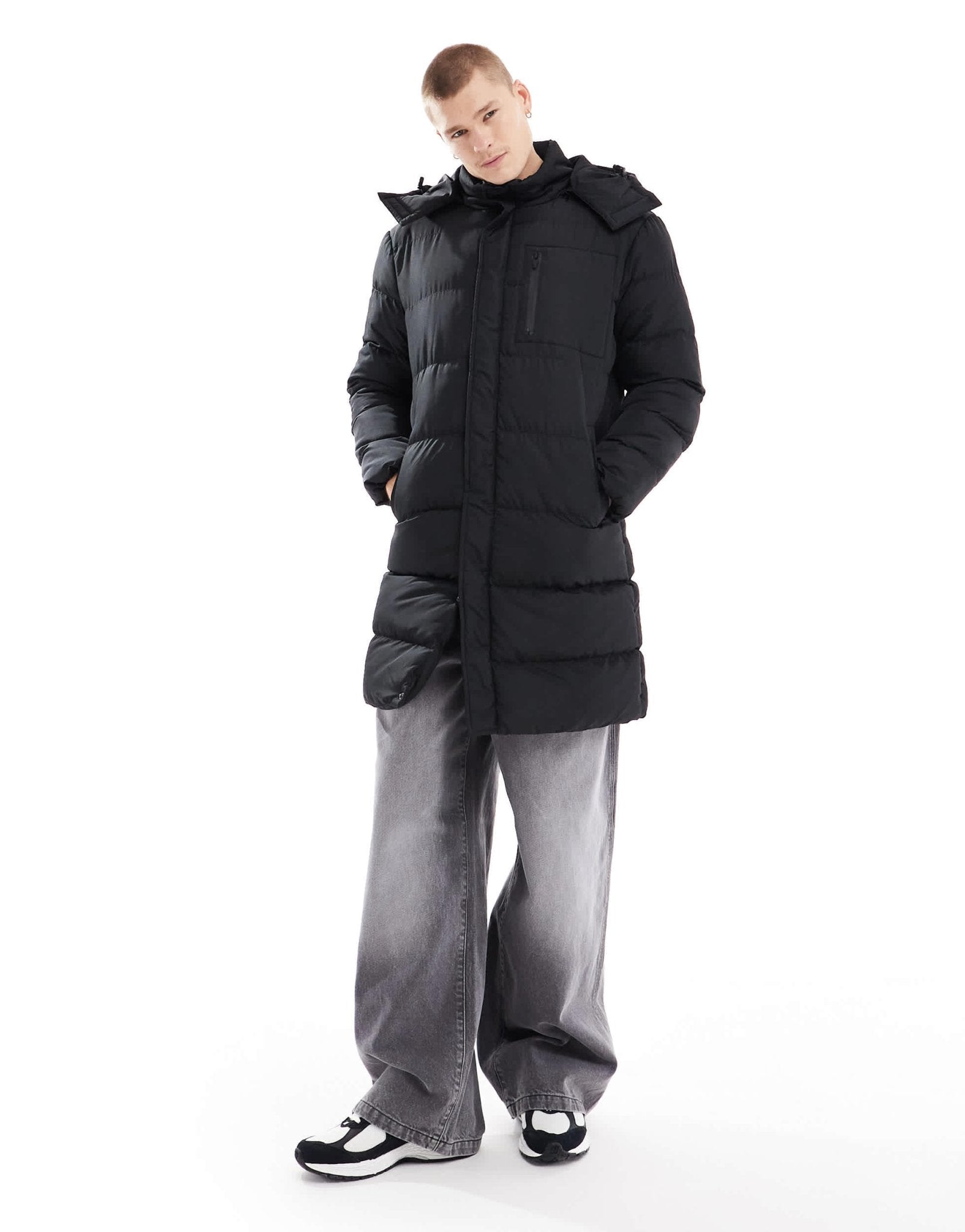 Brave Soul longline puffer jacket with detachable hood in black - ASOS Sample Sale