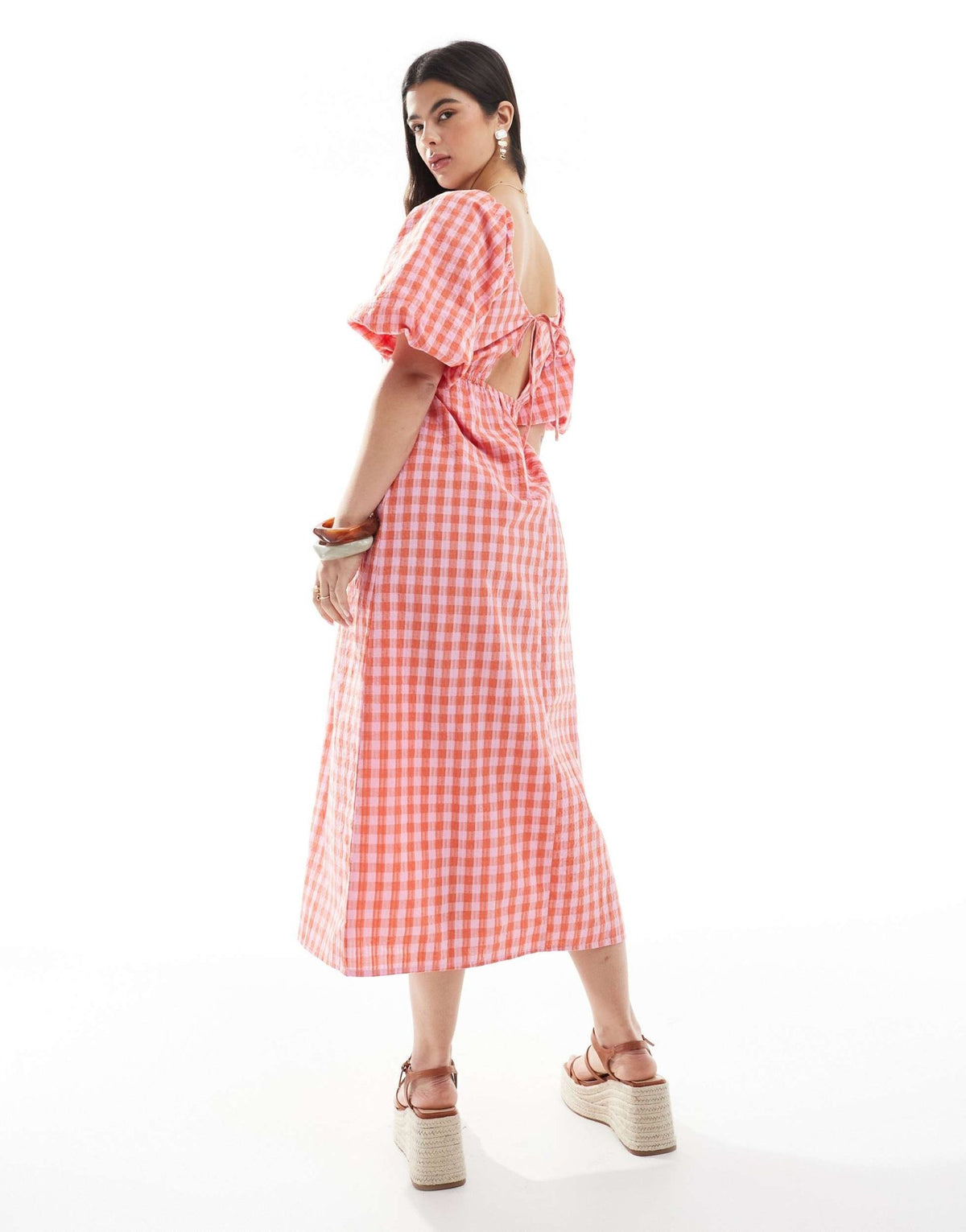 Brave Soul milkmaid puff sleeve gingham dress in pink and orange - ASOS Sample Sale