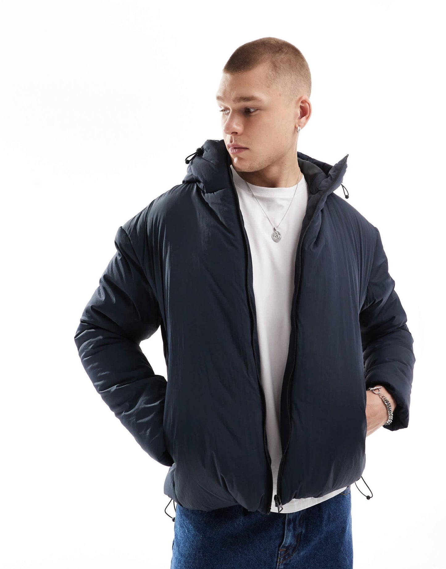 Brave Soul padded jacket with hood in navy - ASOS Sample Sale