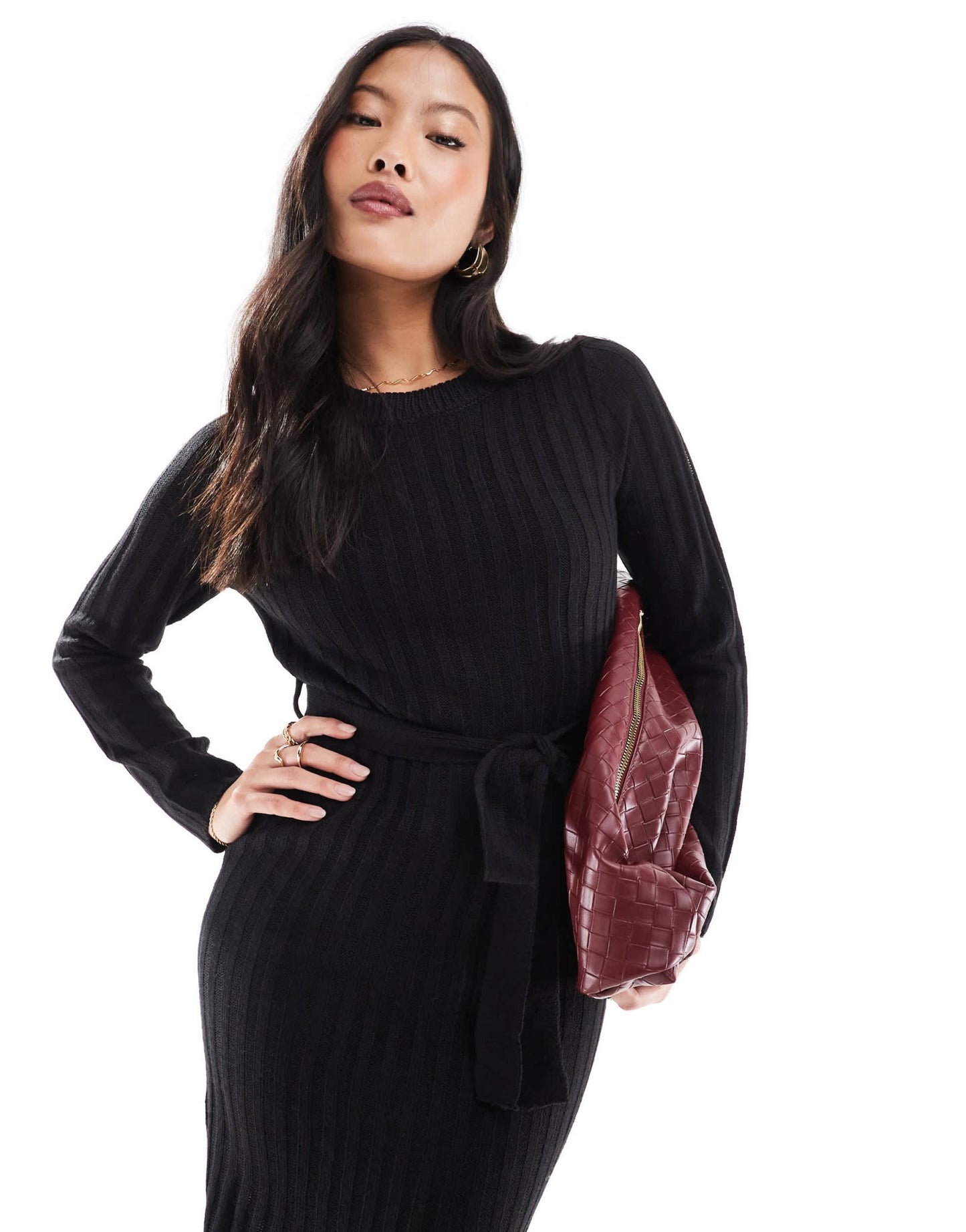 Brave Soul Petite knitted midi dress with slit in black - ASOS Sample Sale