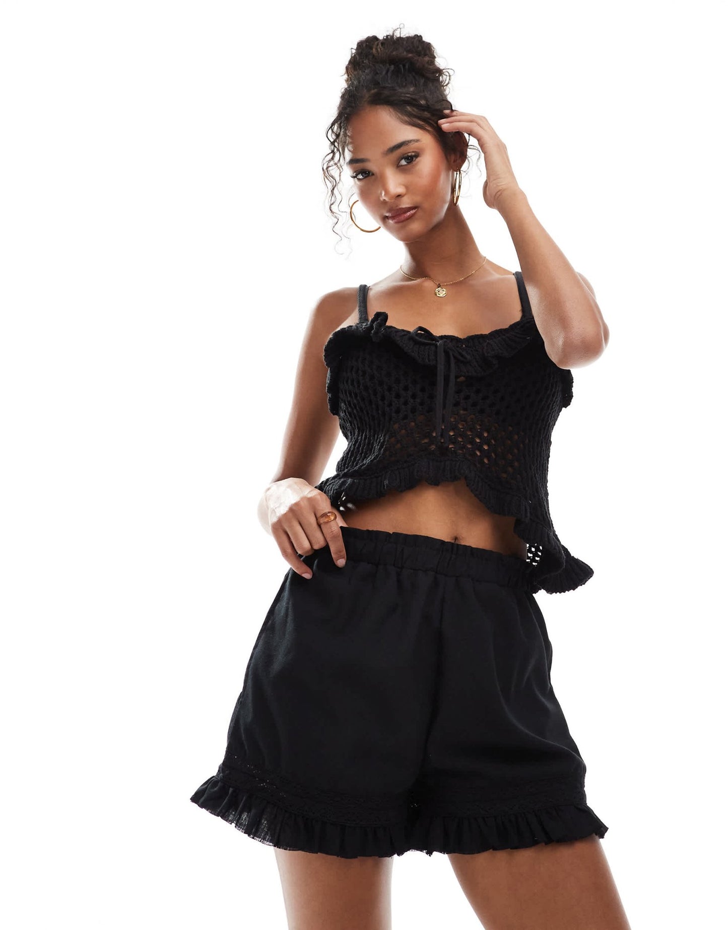 Brave Soul pull on shorts with frill detail in black - ASOS Sample Sale