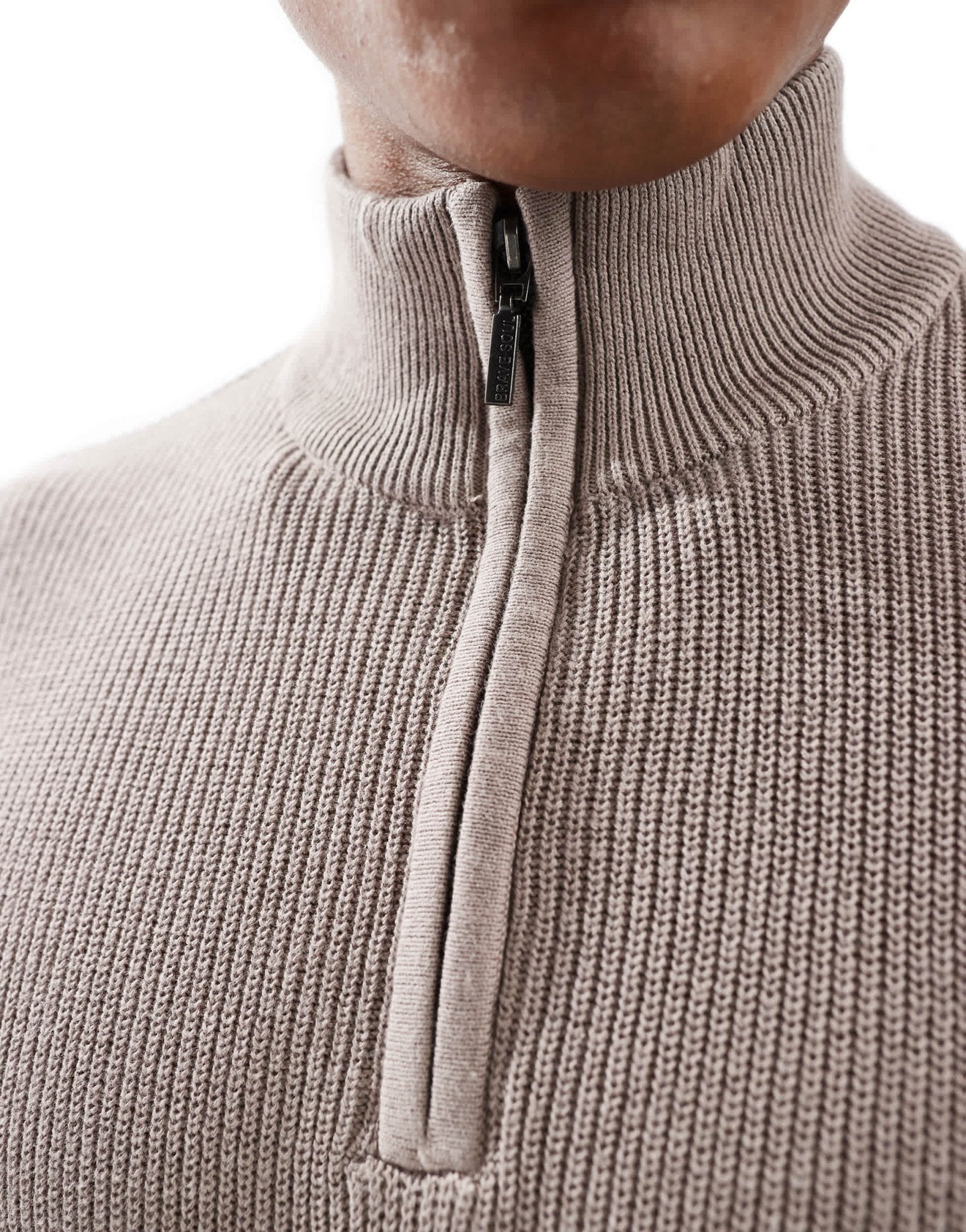 Brave Soul ribbed quarter zip jumper in taupe - ASOS Sample Sale