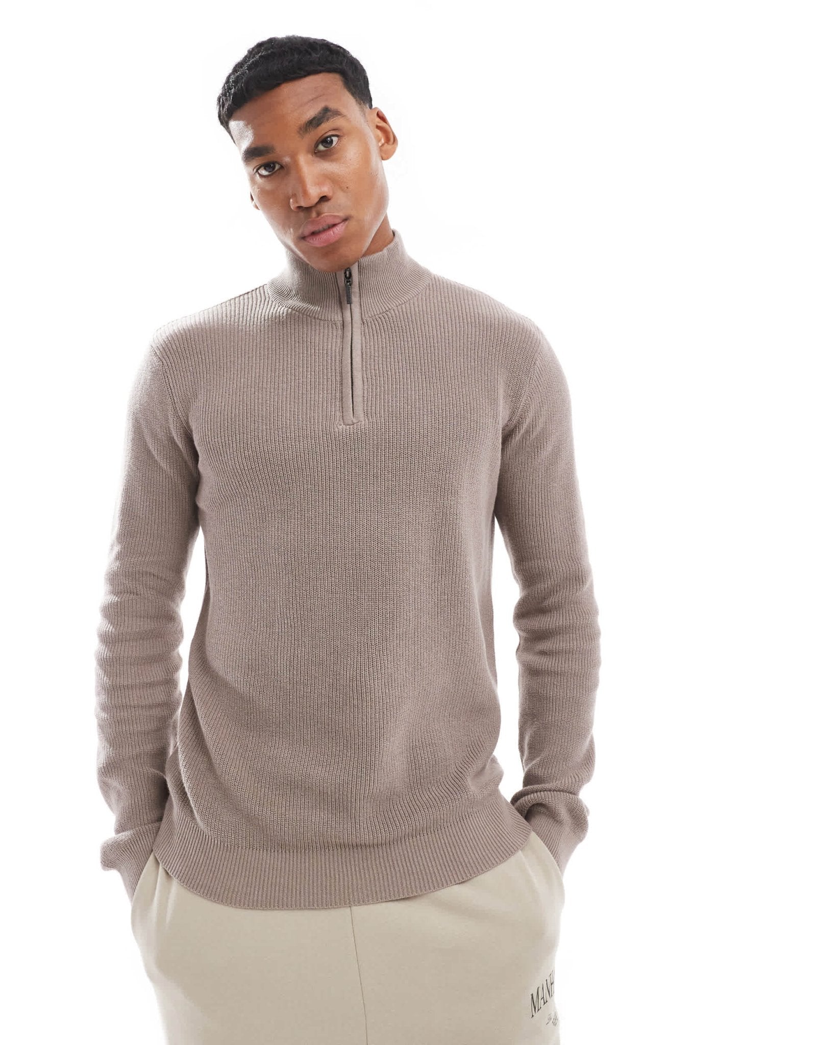 Brave Soul ribbed quarter zip jumper in taupe - ASOS Sample Sale