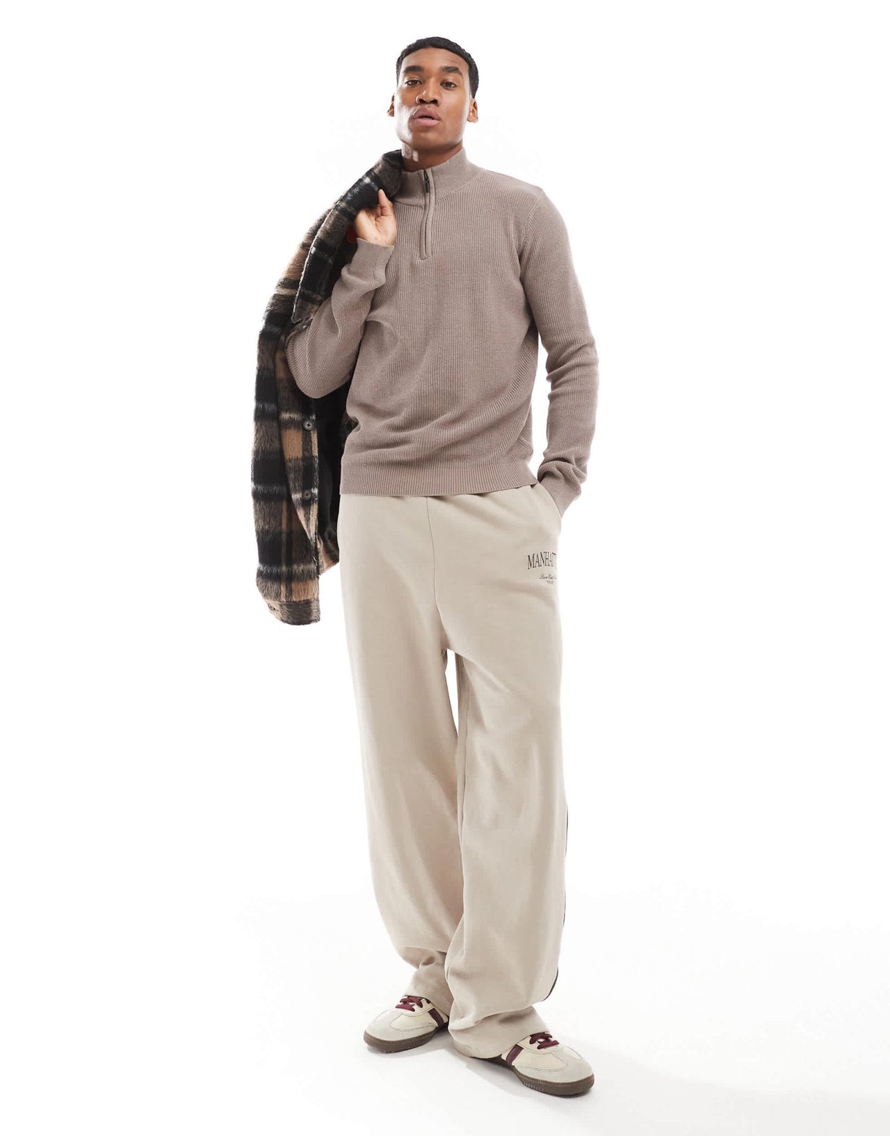 Brave Soul ribbed quarter zip jumper in taupe - ASOS Sample Sale