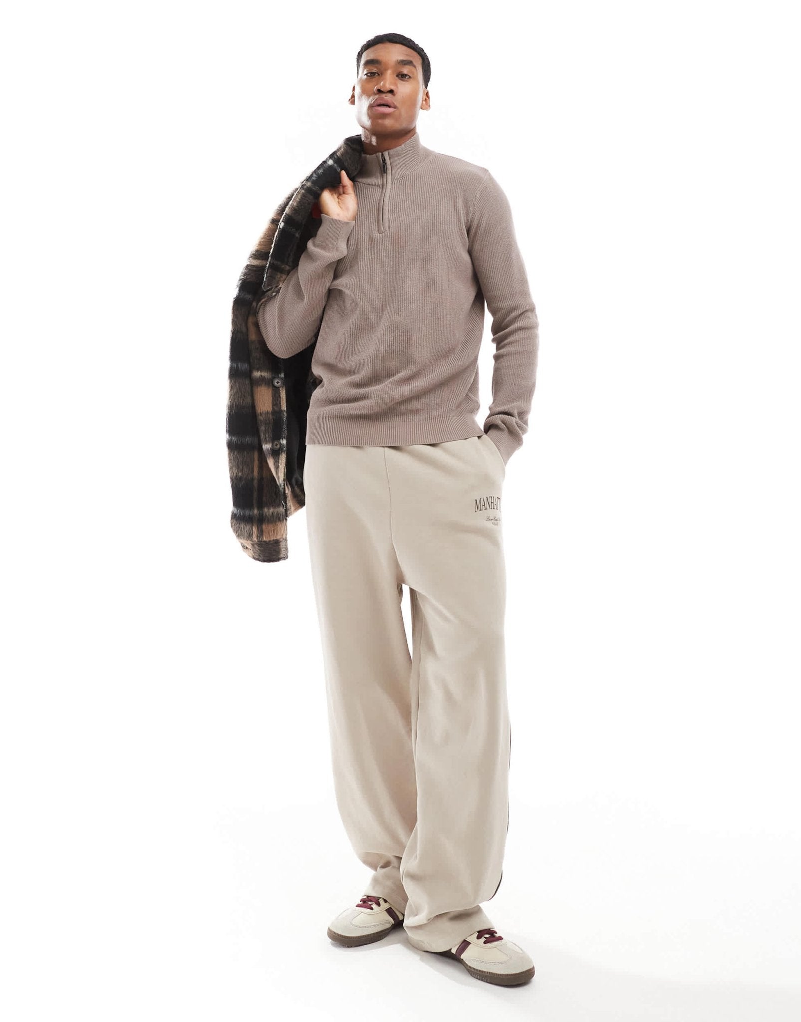 Brave Soul ribbed quarter zip jumper in taupe - ASOS Sample Sale