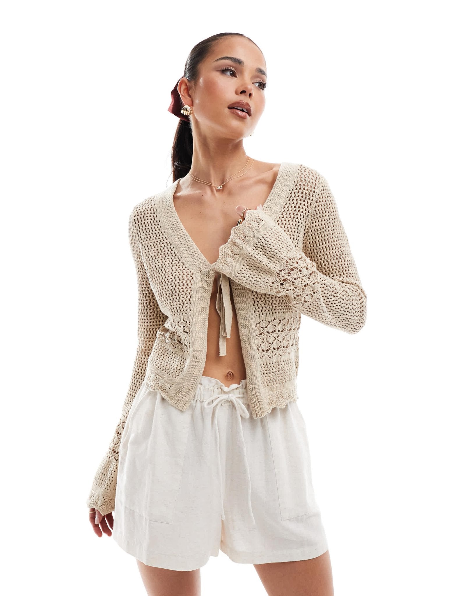 Brave Soul v - neck knitted cardigan with flared cuff in stone - ASOS Sample Sale