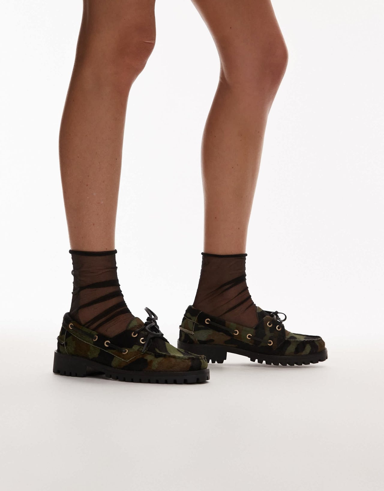 Bronx Sie - nna boat shoes in khaki camo pony hair leather - ASOS Sample Sale