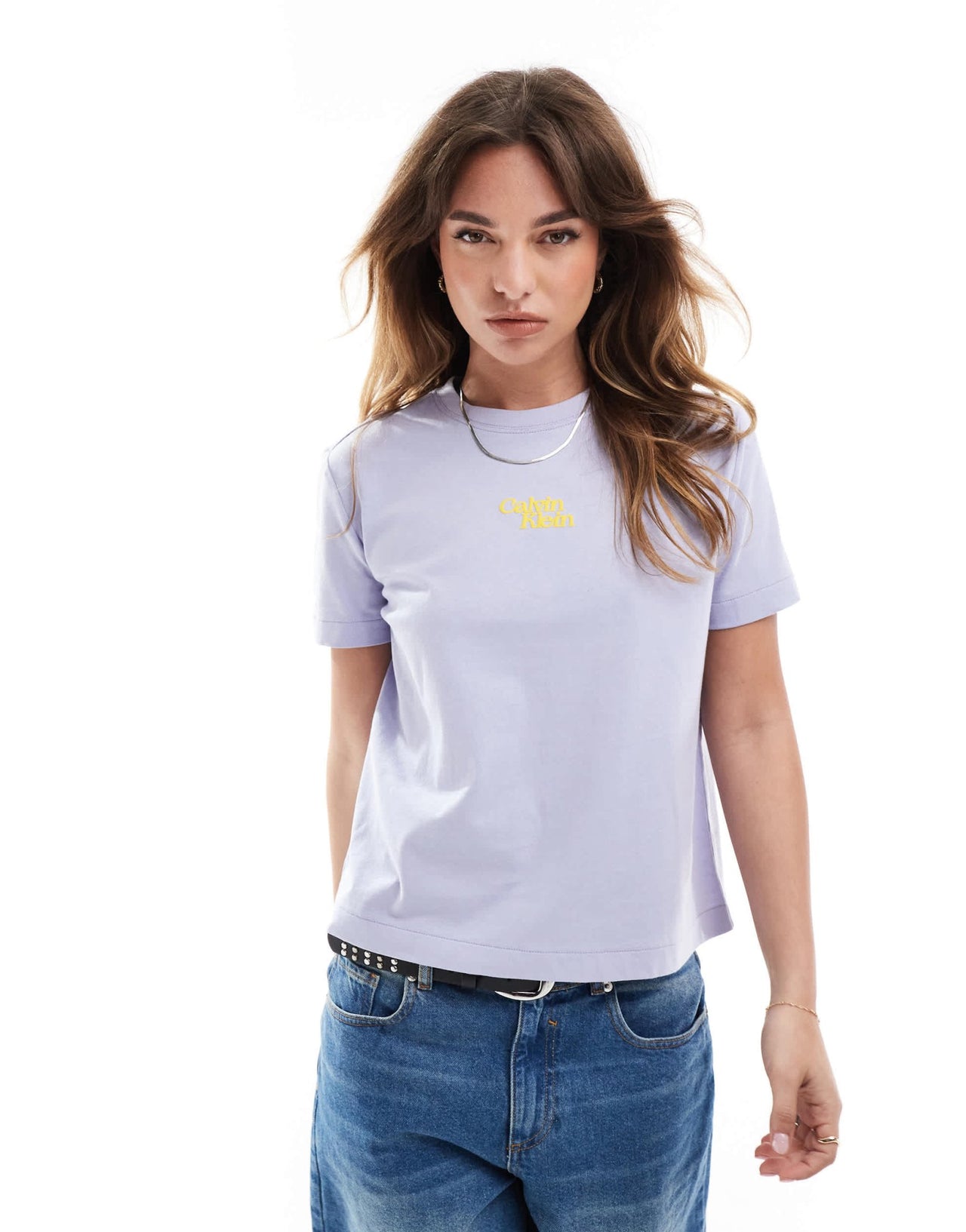 Calvin Klein Jeans central script logo t-shirt in lavender - ASOS Sample Sale
