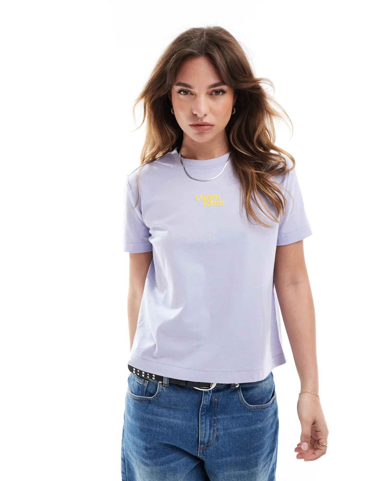 Calvin Klein Jeans central script logo t-shirt in lavender - ASOS Sample Sale