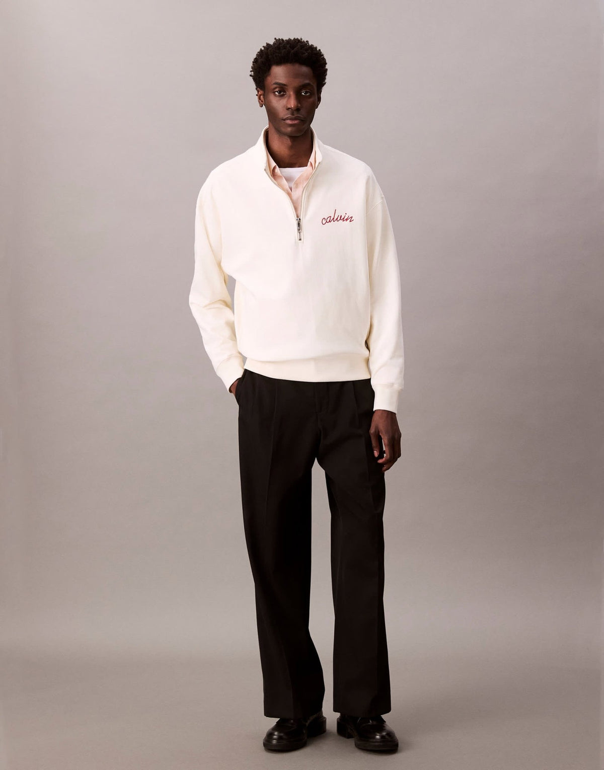 Calvin Klein Jeans embroidered chest logo 1/4 zip sweatshirt in off white - ASOS Sample Sale